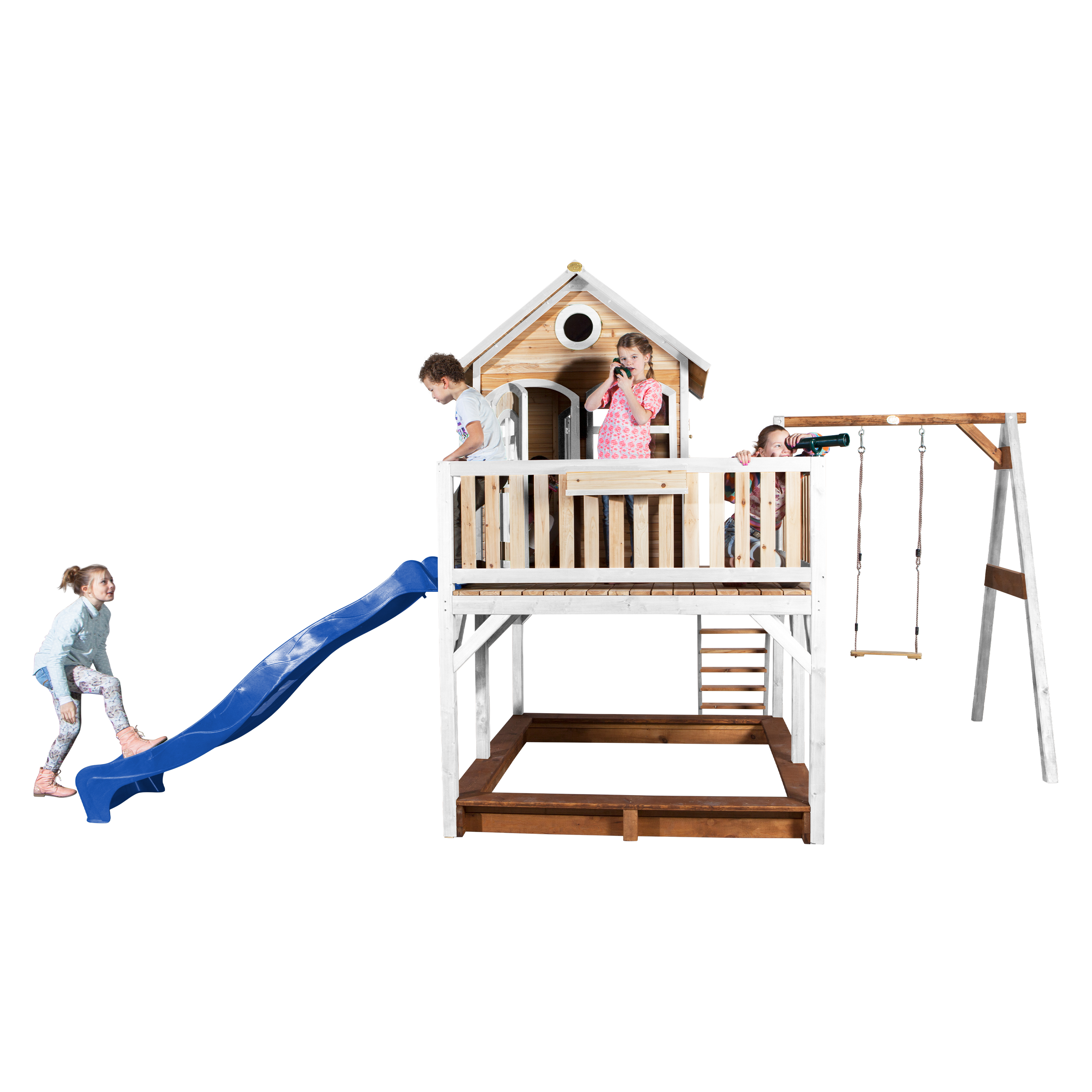 AXI Liam Playhouse with Single Swing Set Brown/White - Blue Slide
