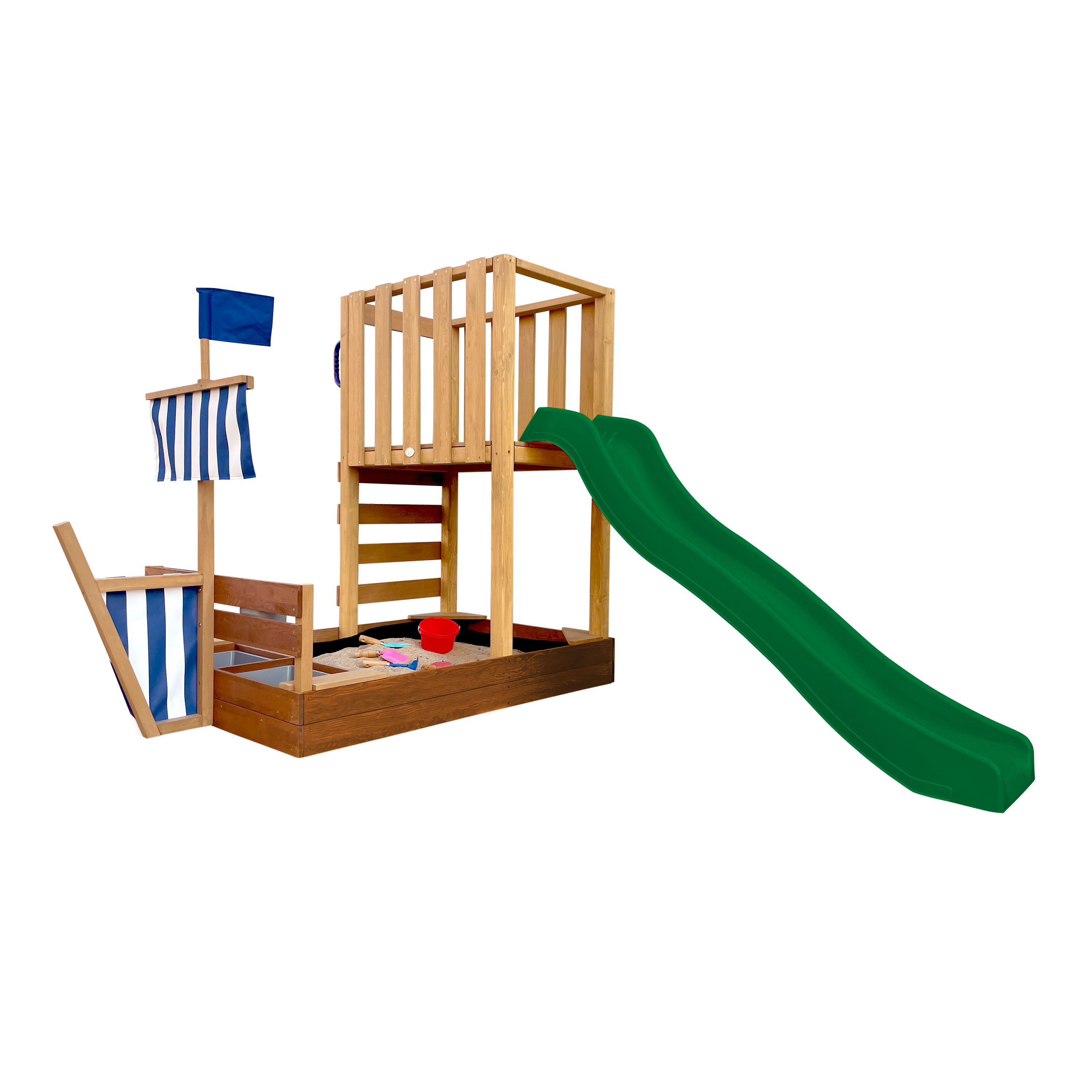 AXI Vicky Climbing Frame with Sandbox. Play Kitchen & Chalkboard – Green Slide