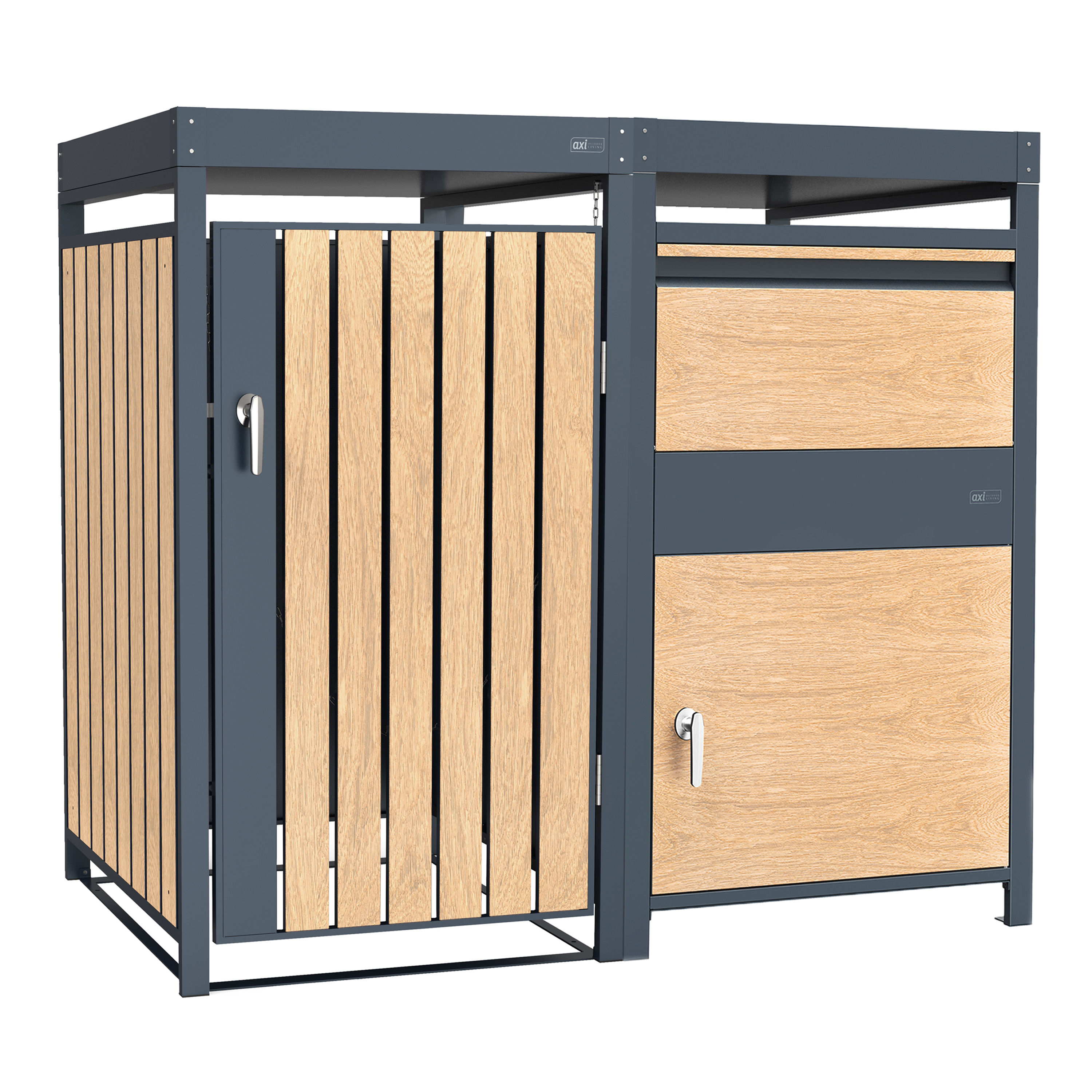 AXI Leon Bin Storage with Louis Parcel Postbox Anthracite/Wood Look – 1 Garbage Bin