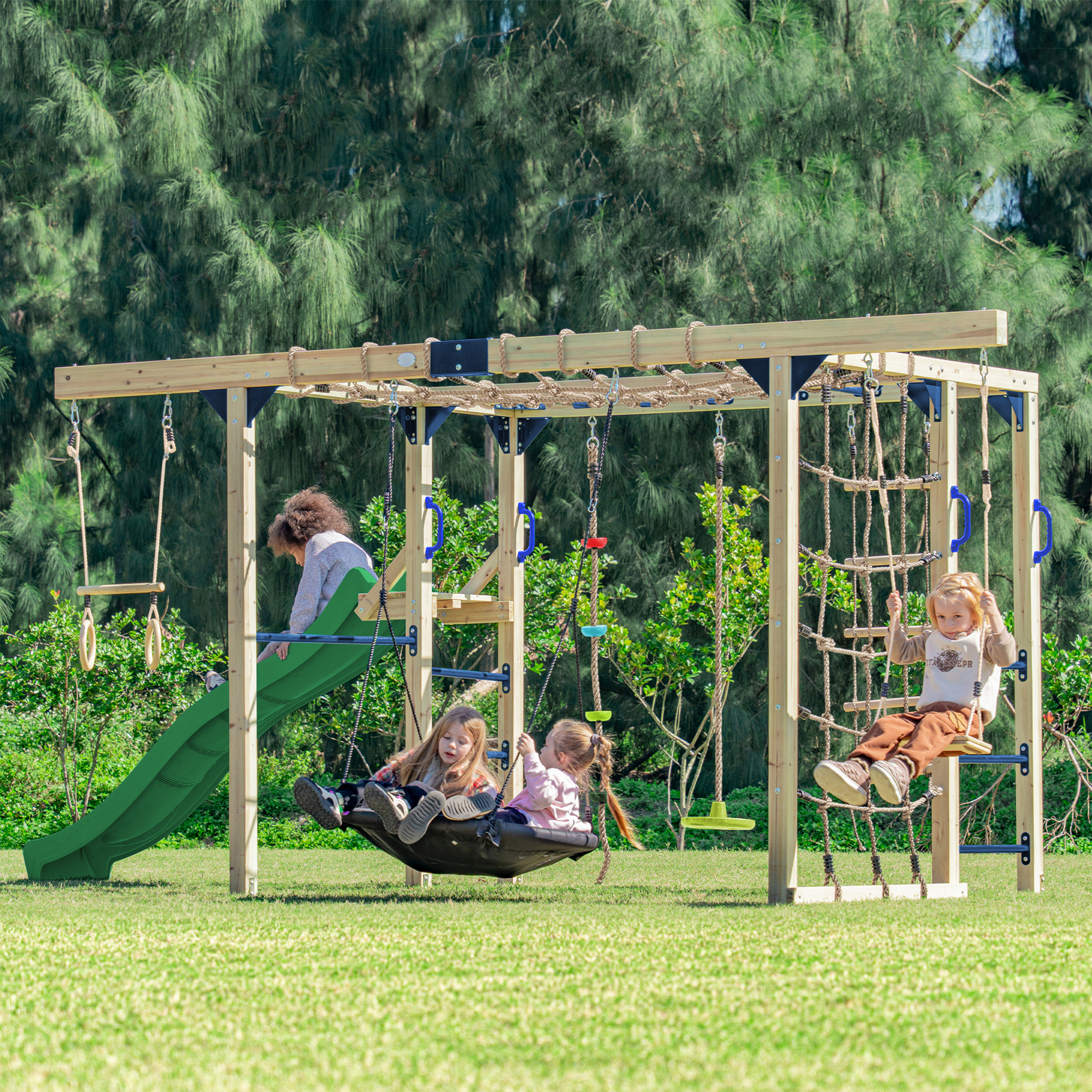 AXI Boris Wooden Playcentre with Swings. Trapeze. Climbing Nets and Monkey Bars – Green Slide-8720365066627 AXI Boris Wooden Playcentre with Swings. Trapeze. Climbing Nets and Monkey Bars – Green Slide