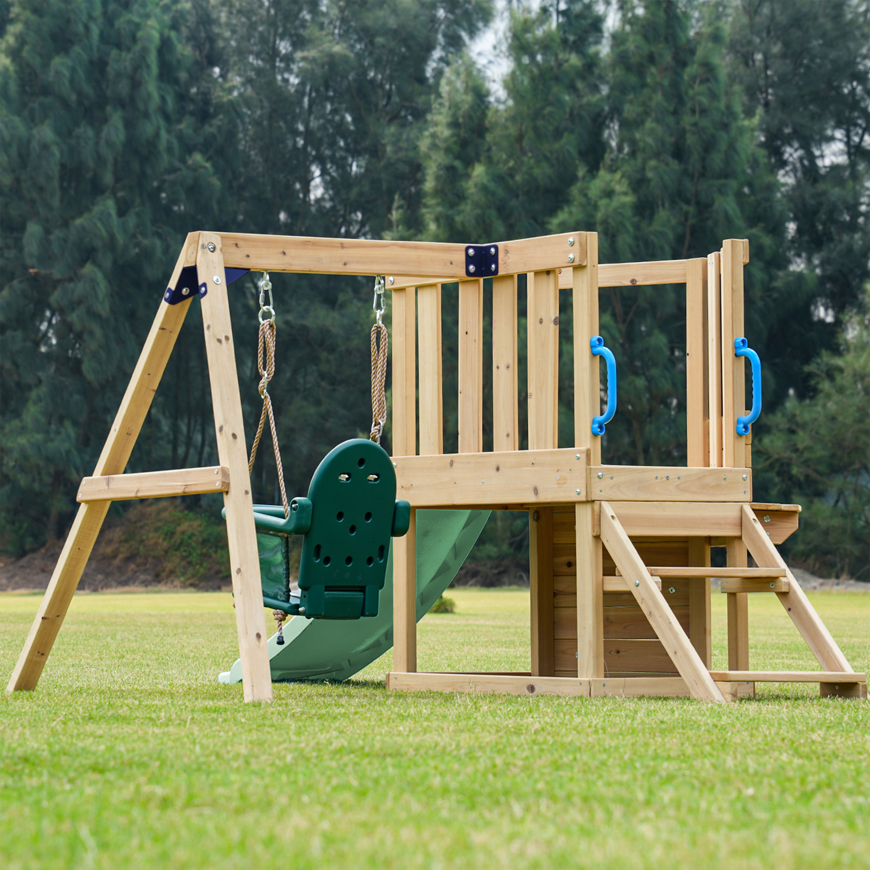 AXI Timo Mini Climbing Frame with Baby Swing, Climbing Wall and Chalkboard – Pastel Green Slide
