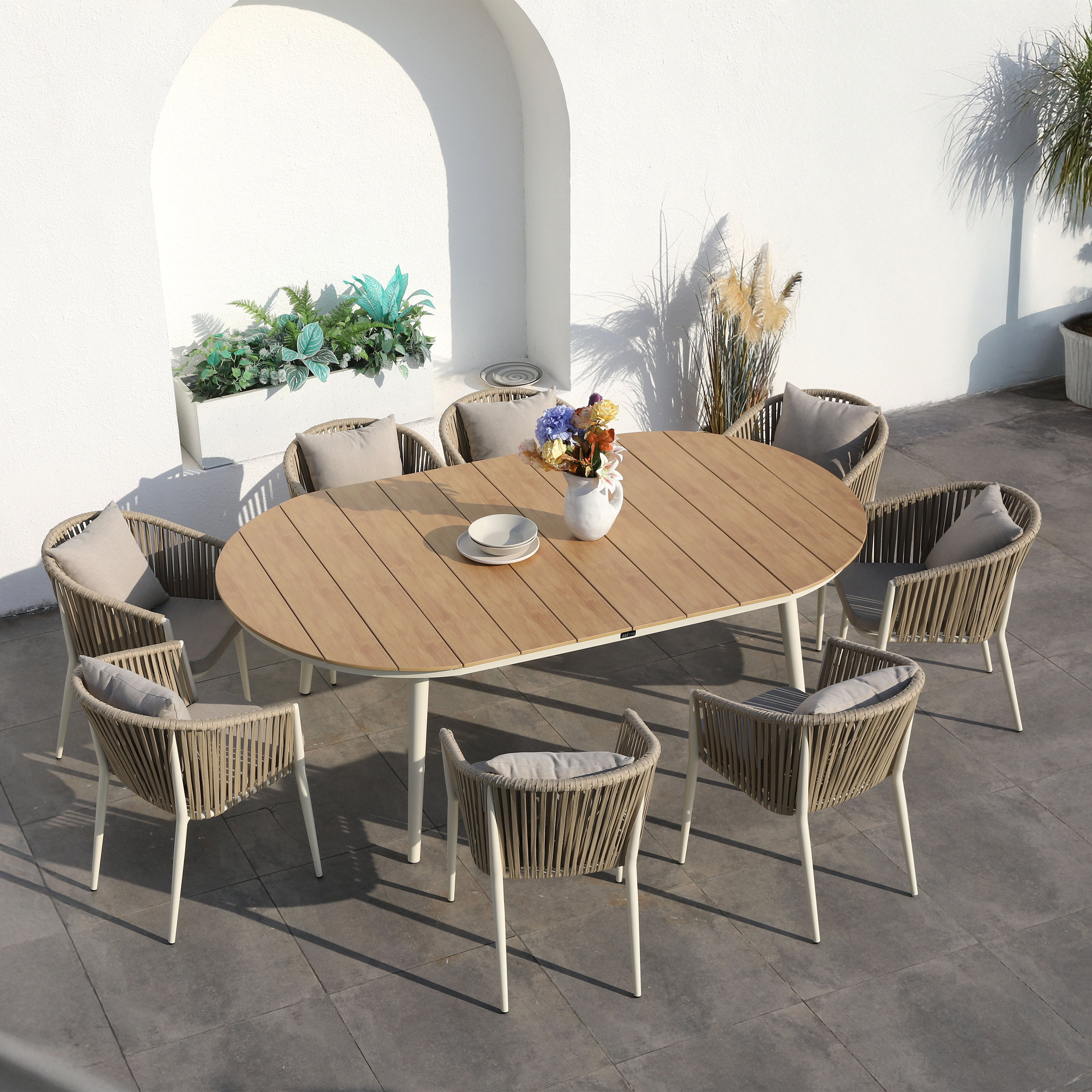 AXI Chay Garden Set with 8 Chairs – Beige with Polywood in Wood Effect-8720365066283 AXI Chay Garden Set with 8 Chairs – Beige with Polywood in Wood Effect