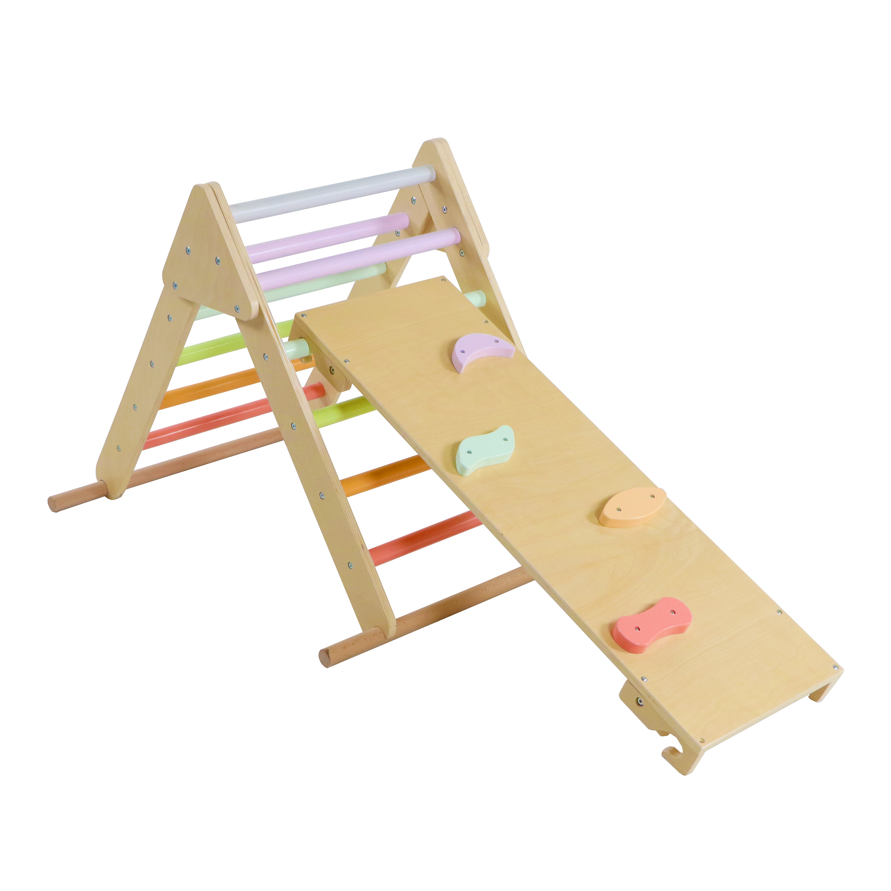 Sunny Charlie 3-in-1 Wooden Climbing Triangle with Climbing Wall and Rocker - Pastel