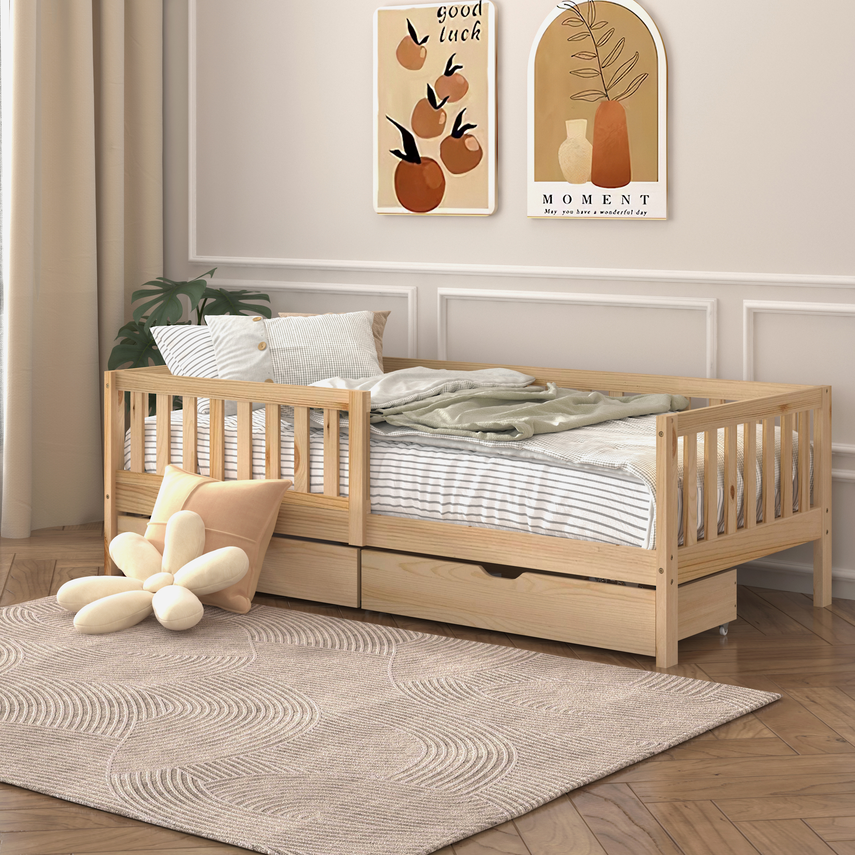 Sunny Isa Kids Bed with 2 Storage Drawers and Guardrail Natural – Without Mattress