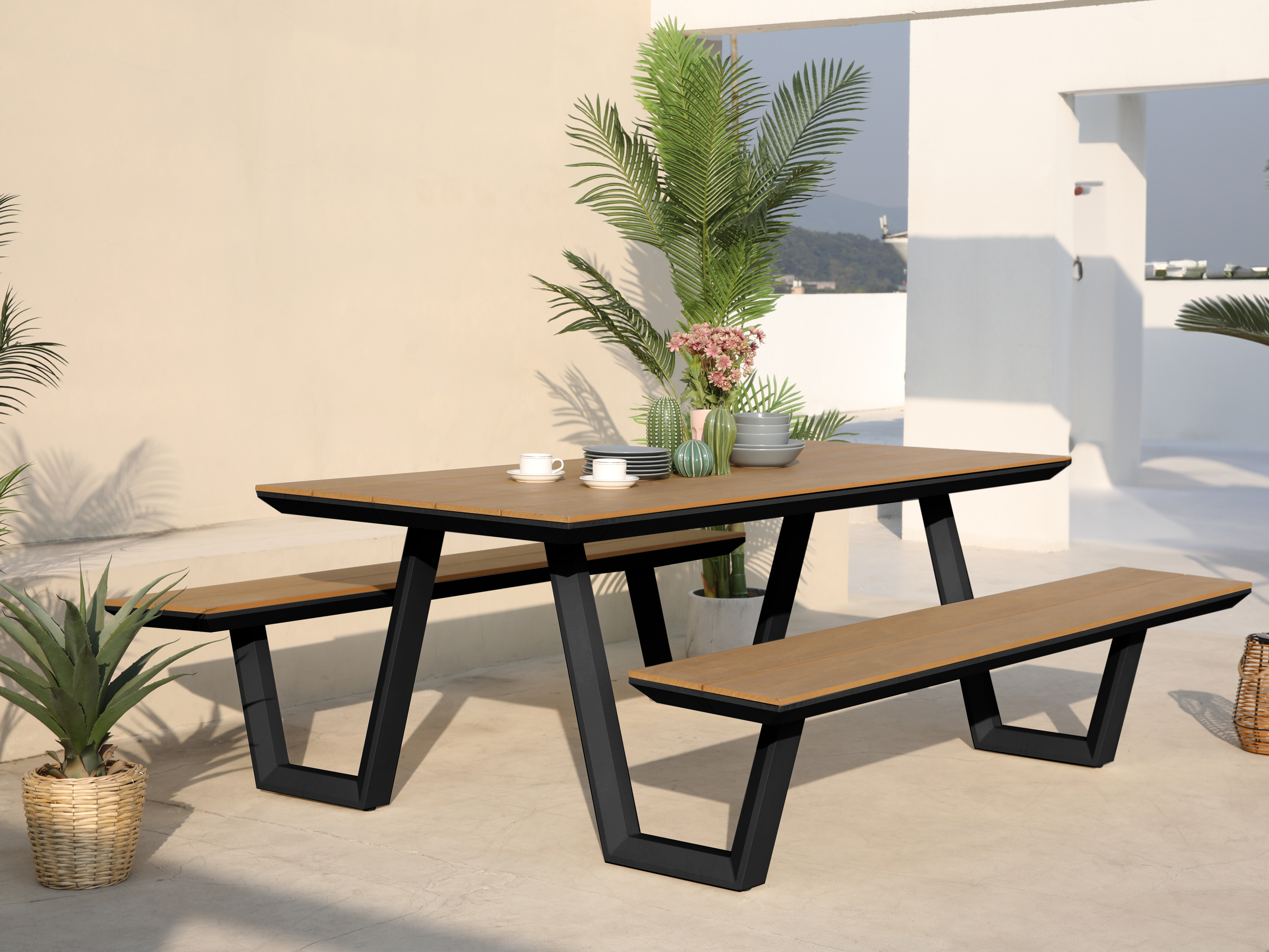 AXI Nori Picnic Table with 2 Benches Anthracite/Teak-look Polywood