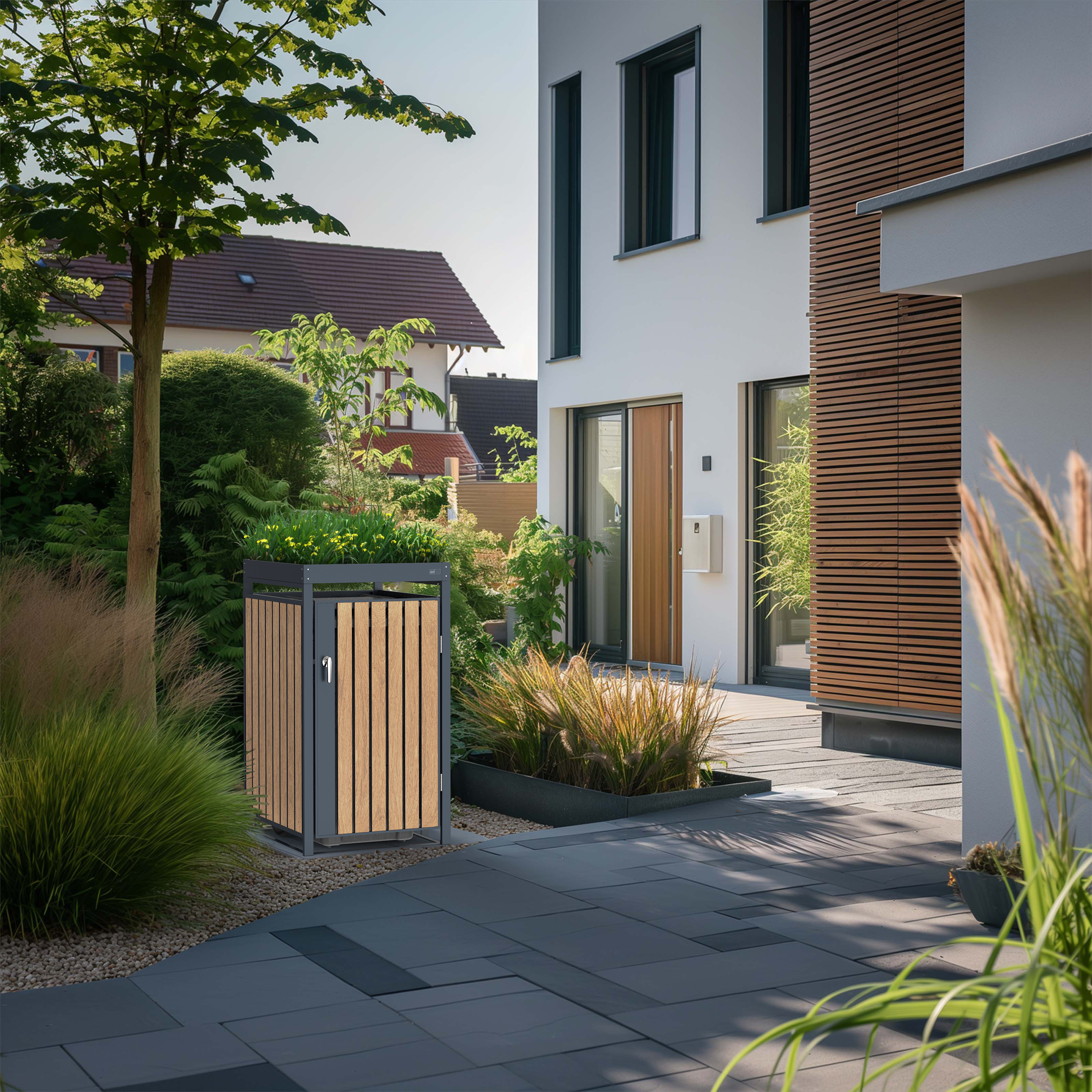 AXI Leon Metal Garbage Bin Shed with Planter - 1 Garbage Bin