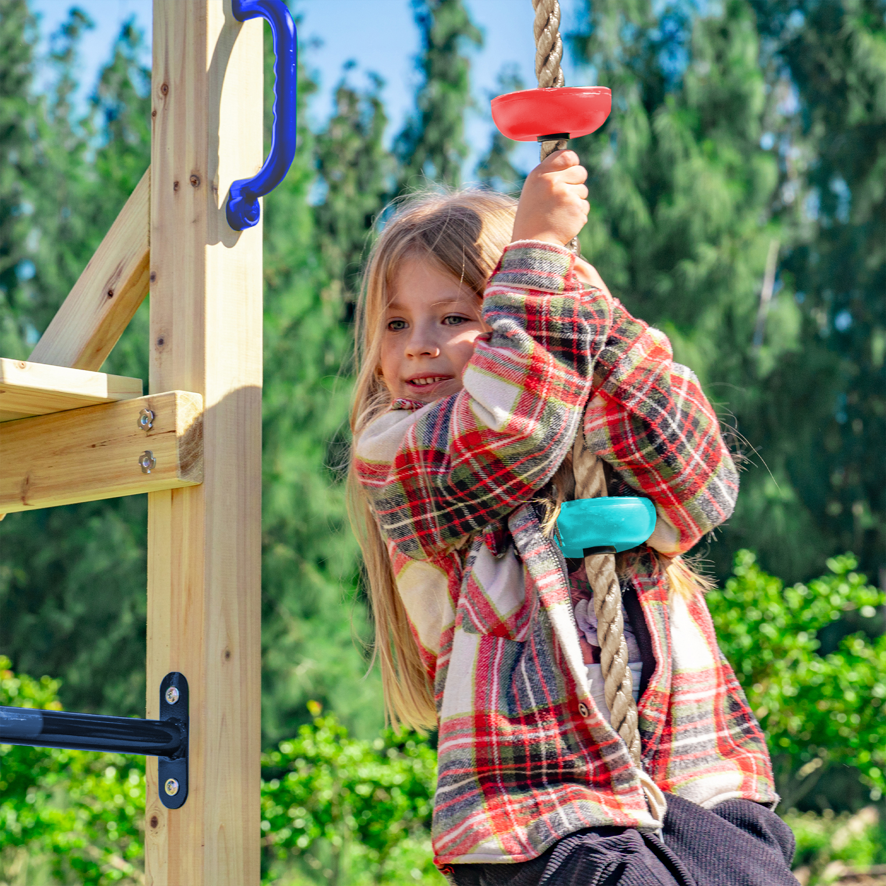 AXI Boris Wooden Playcentre with Swings. Trapeze. Climbing Nets and Monkey Bars – Blue Slide