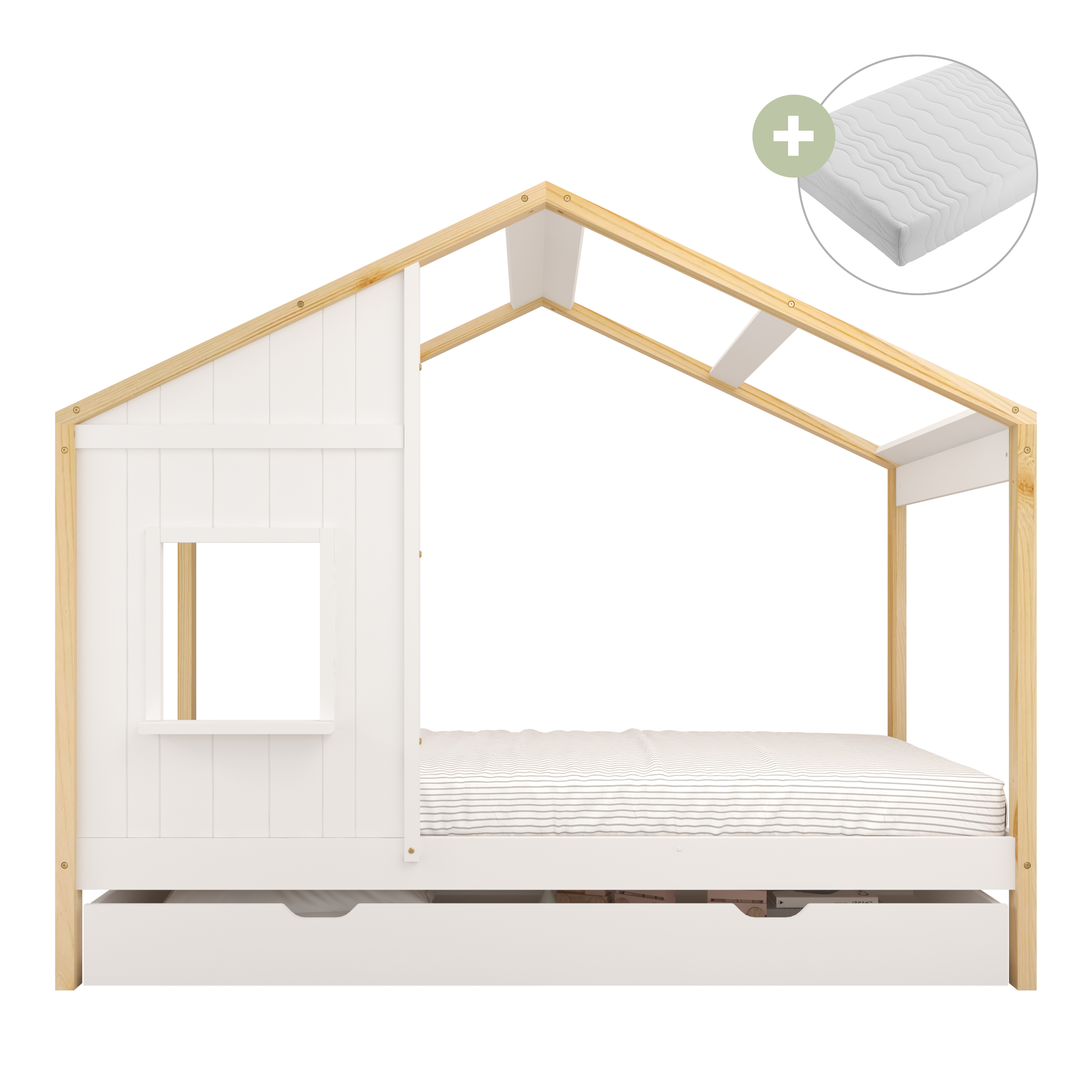 Sunny Beau House Bed with Storage Drawer Brown/White – With Mattress
