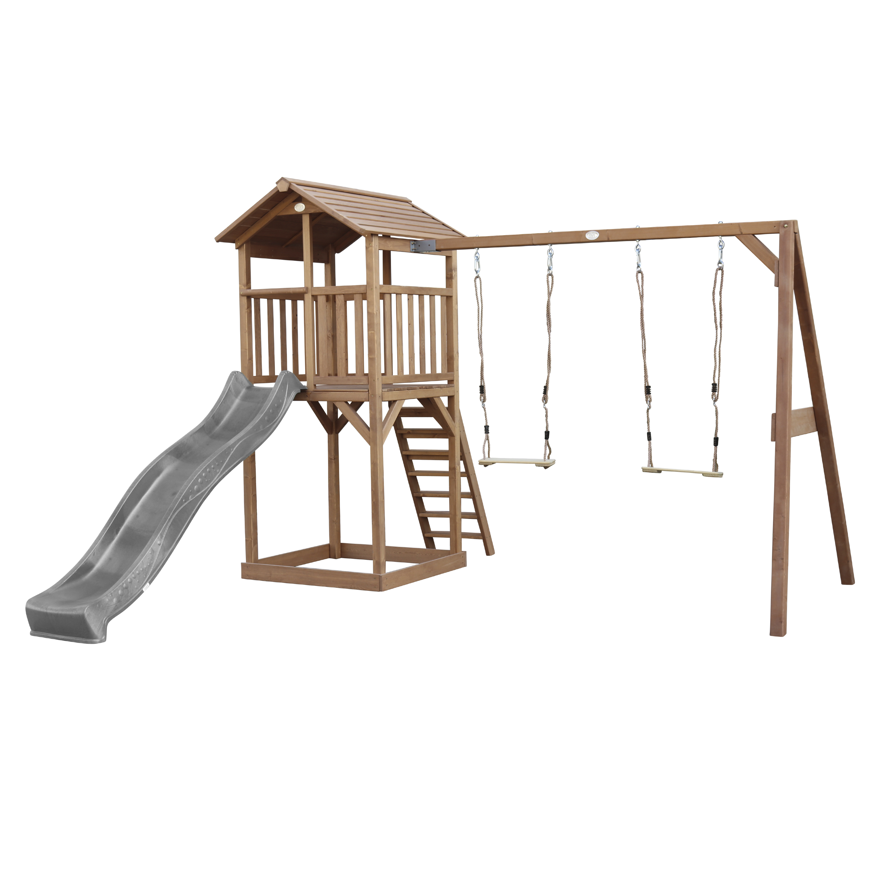 AXI Beach Tower with Double Swing Set Brown - Grey Slide-8717973939153 AXI Beach Tower with Double Swing Set Brown - Grey Slide