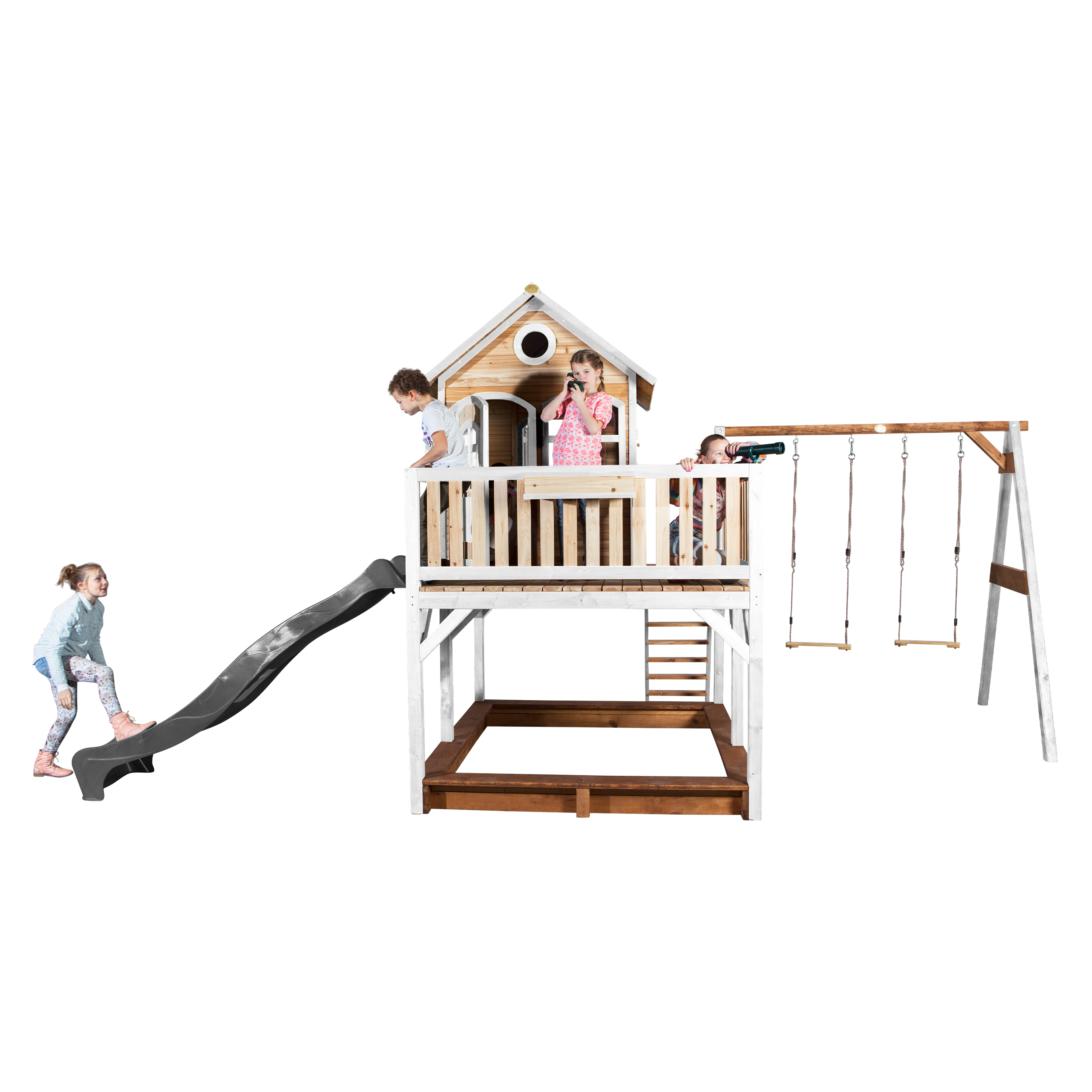 AXI Liam Playhouse with Double Swing Set Brown/White - Grey Slide