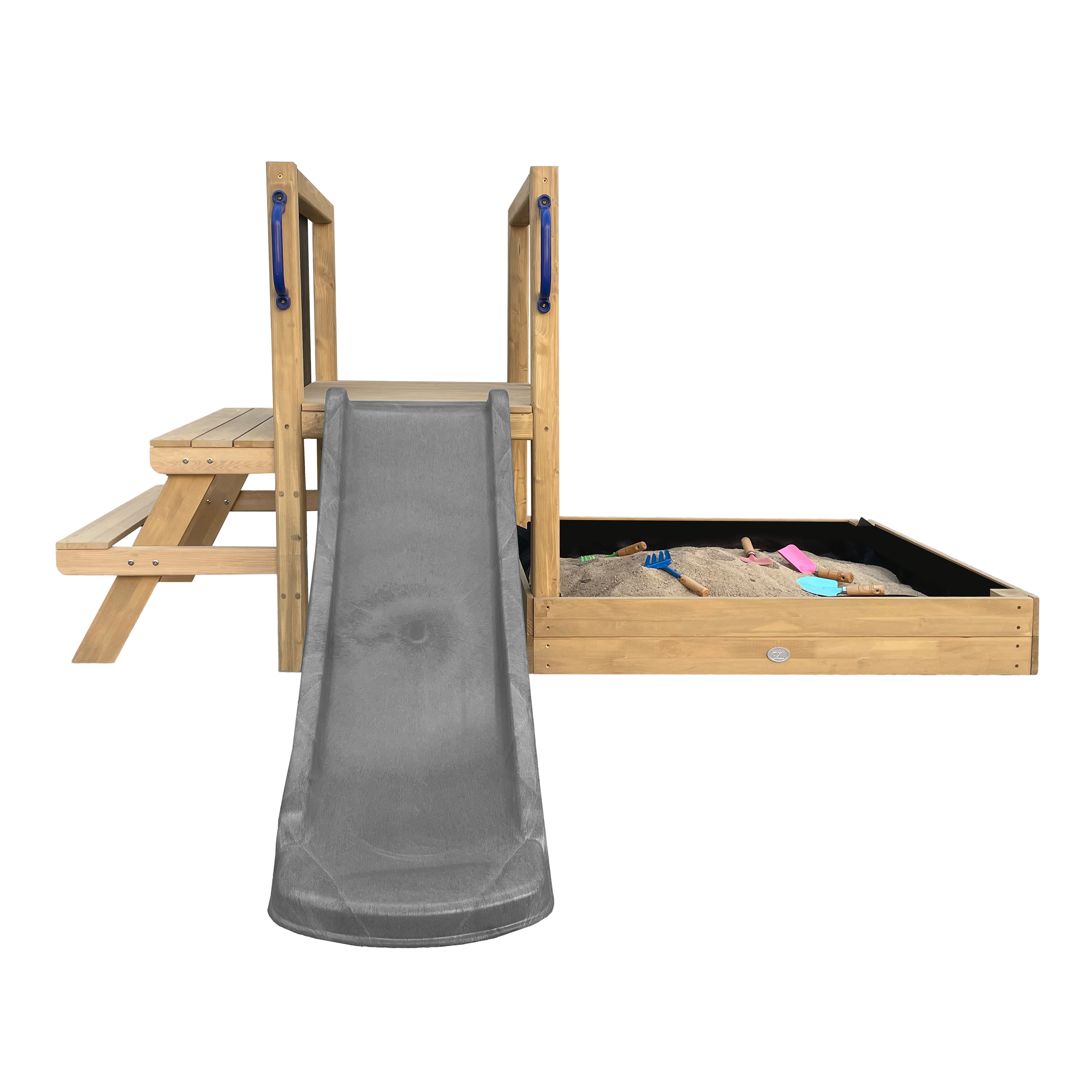 AXI Leah Mini Wooden Playtower with Sandbox. Picnic Table & Chalkboard –  Grey Slide