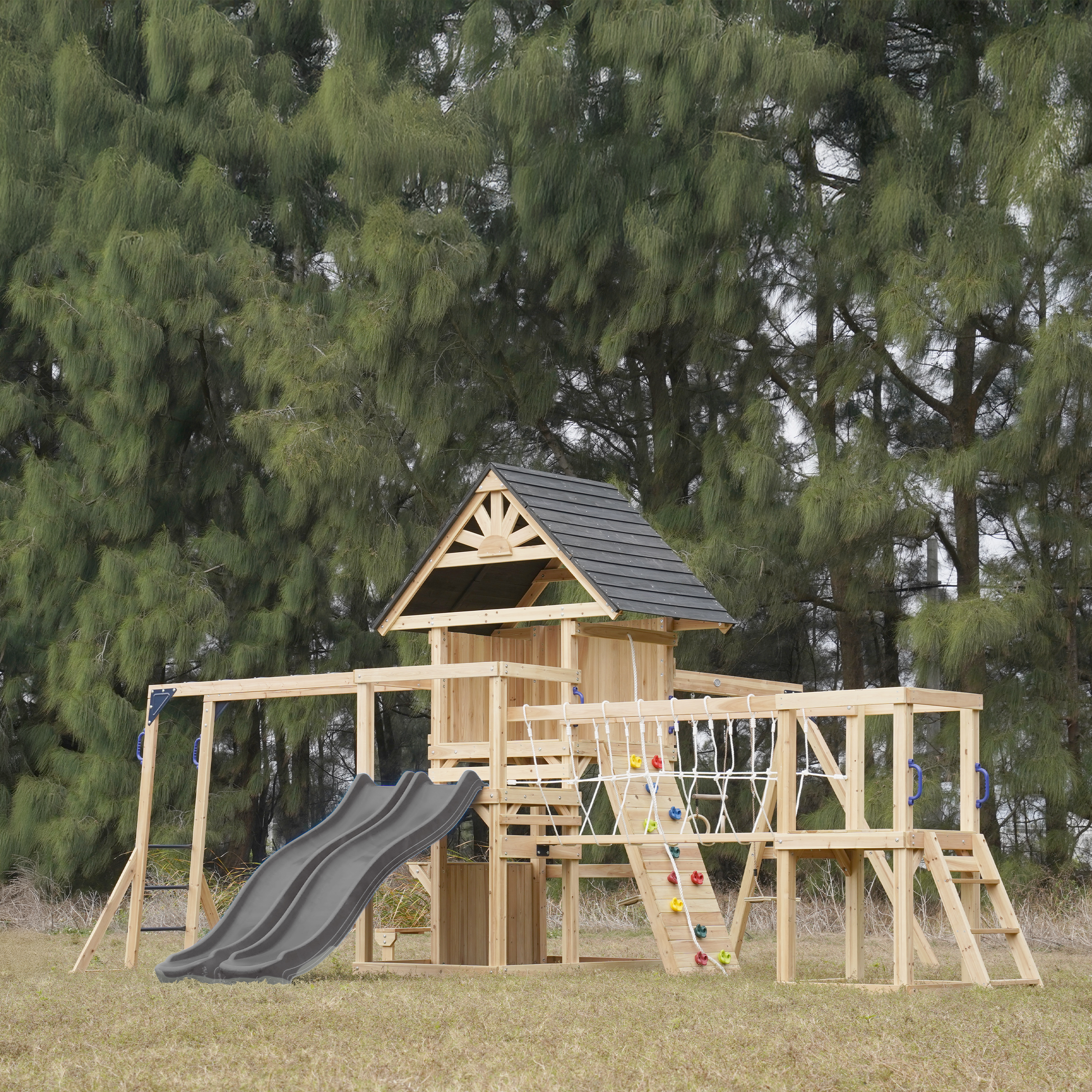 AXI Hunter Climbing Frame with Swings, Climbing Frame, Climbing Bridge and Multiple Platforms – Grey Double Slide