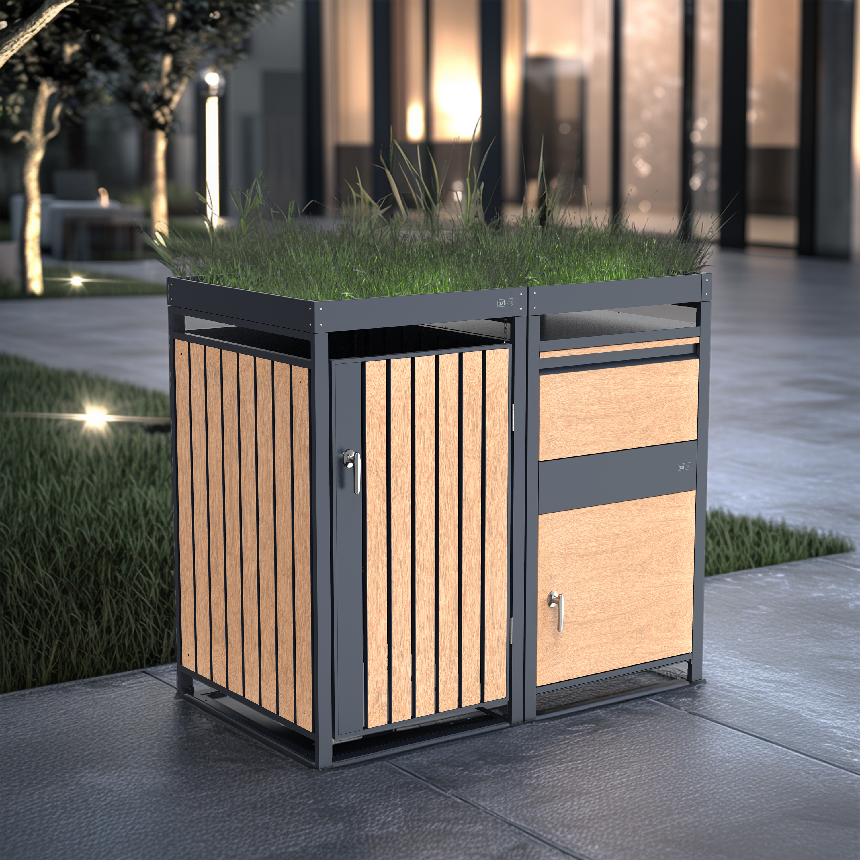 AXI Leon Bin Storage with Louis Parcel Postbox Anthracite/Wood Look – 1 Garbage Bin