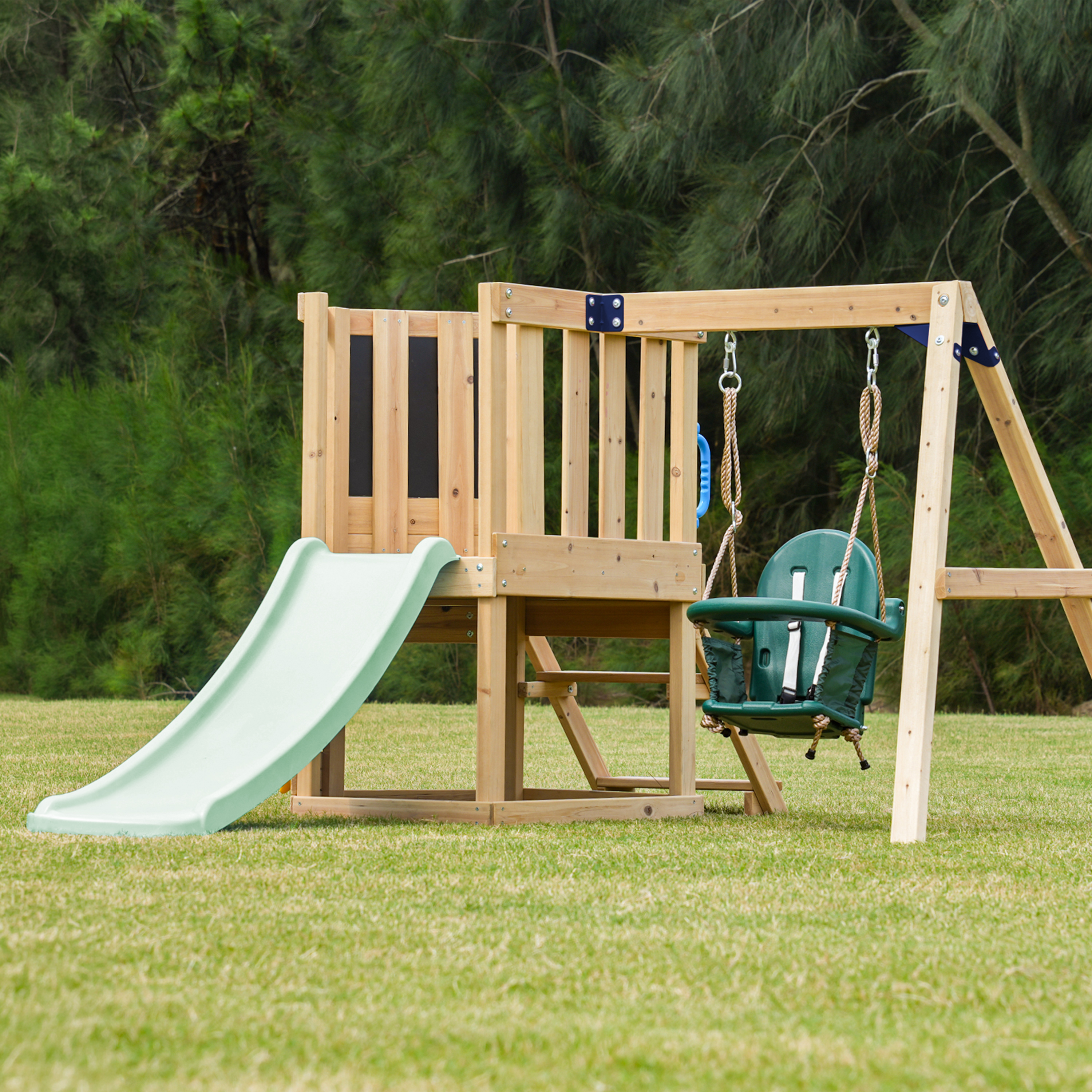 AXI Timo Mini Climbing Frame with Baby Swing, Climbing Wall and Chalkboard – Pastel Green Slide