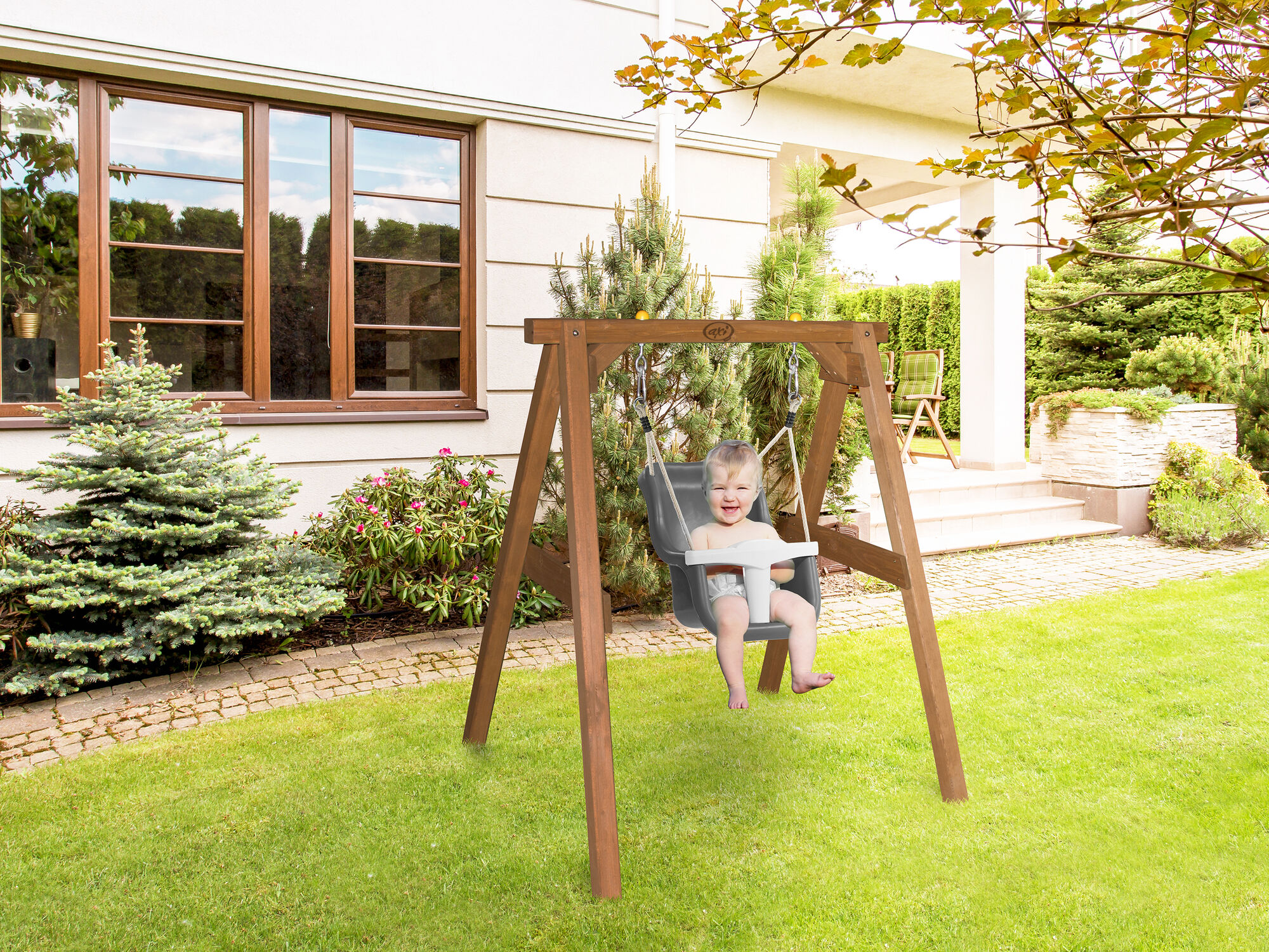 AXI Baby Schommel Bruin met zitje Grijs/wit