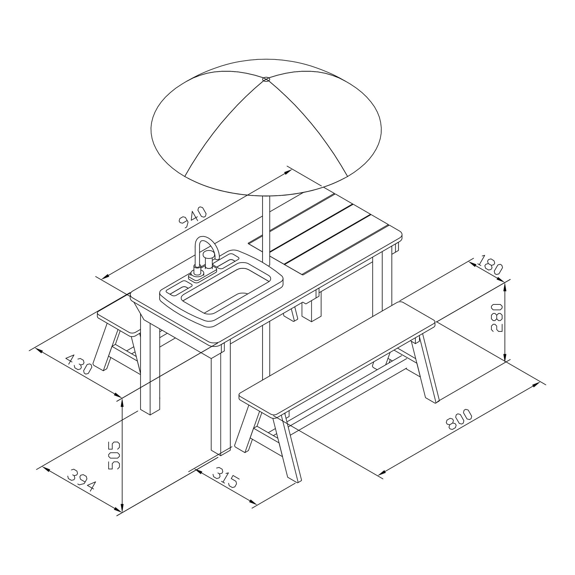 AXI Dennis Zand & Water Picknicktafel met Speelkeuken wastafel en losse bankjes Bruin - Parasol Blauw/wit