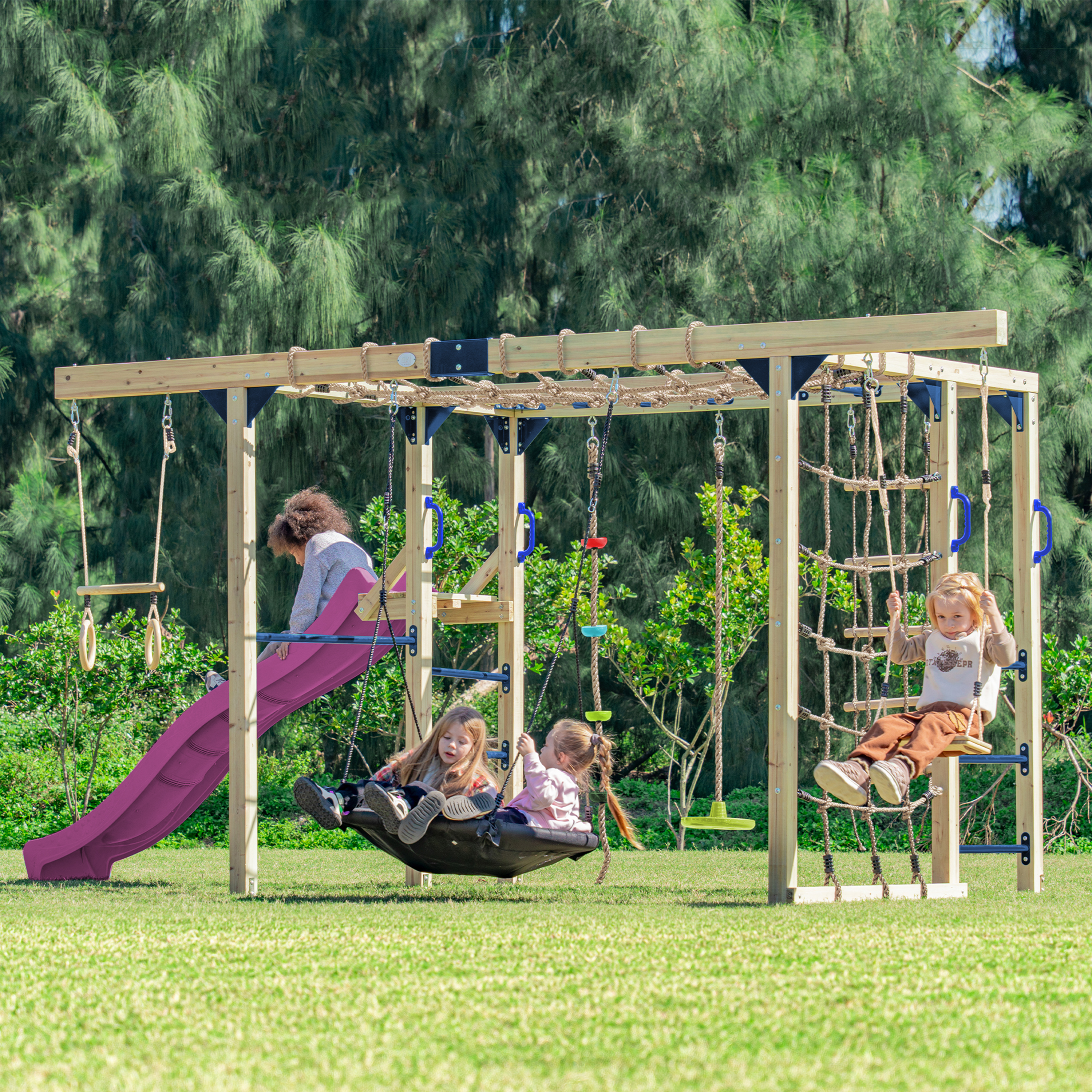 AXI Boris Wooden Playcentre with Swings. Trapeze. Climbing Nets and Monkey Bars – Purple Slide-8720365066665 AXI Boris Wooden Playcentre with Swings. Trapeze. Climbing Nets and Monkey Bars – Purple Slide