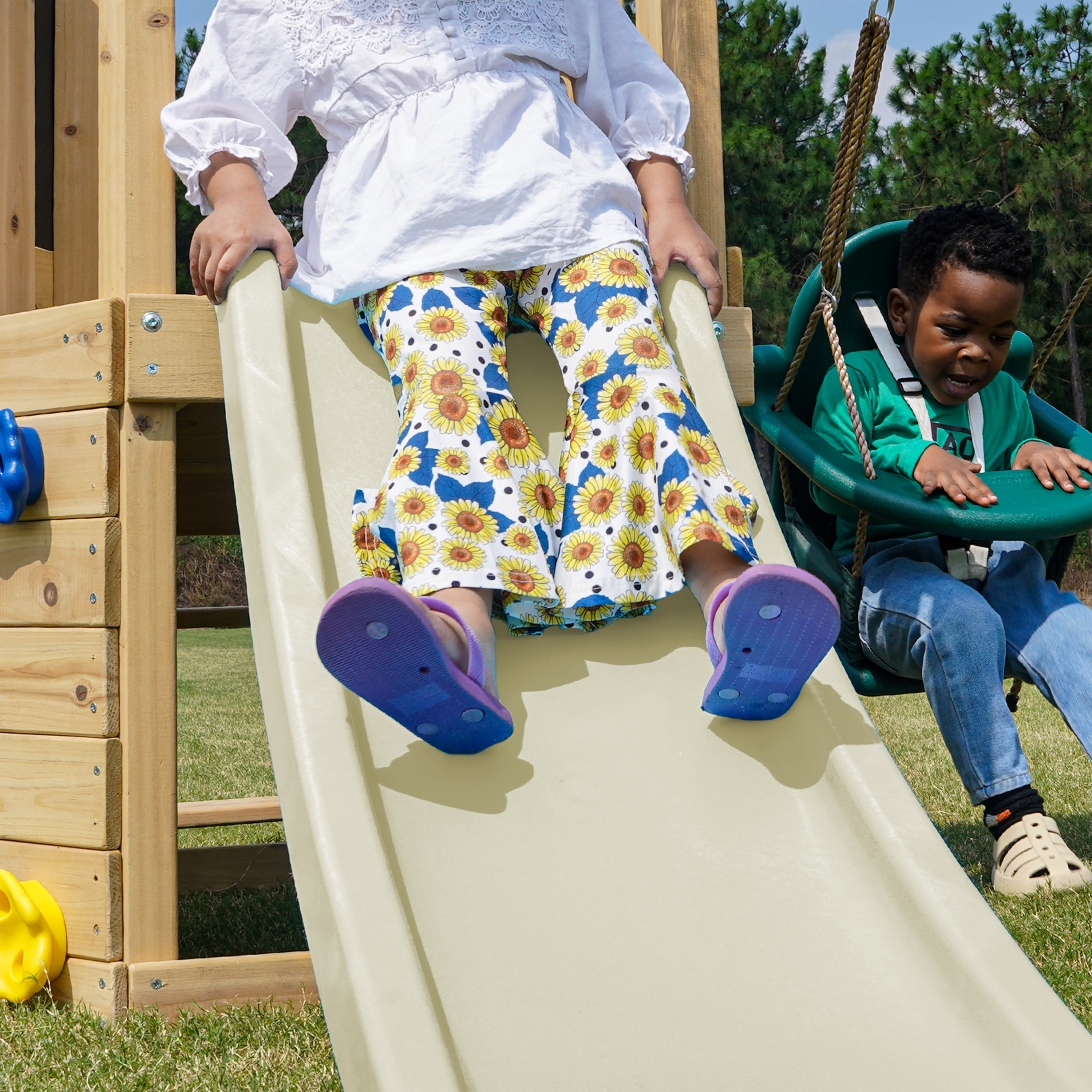 AXI Timo Mini Climbing Frame with Baby Swing, Climbing Wall and Chalkboard – Cream Slide