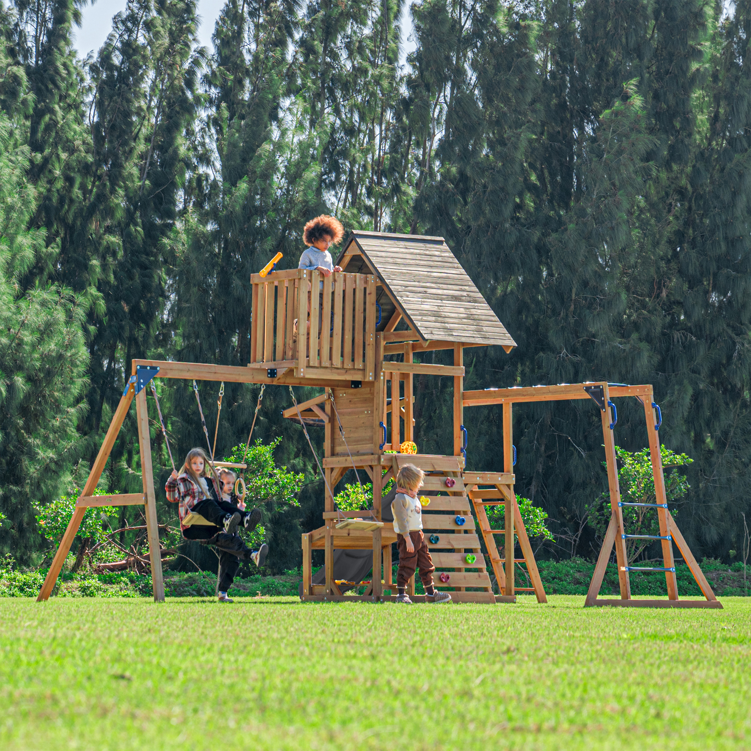 AXI Mitch Climbing Frame with Double Swing. Trapeze and Lookout Tower – Grey Slide