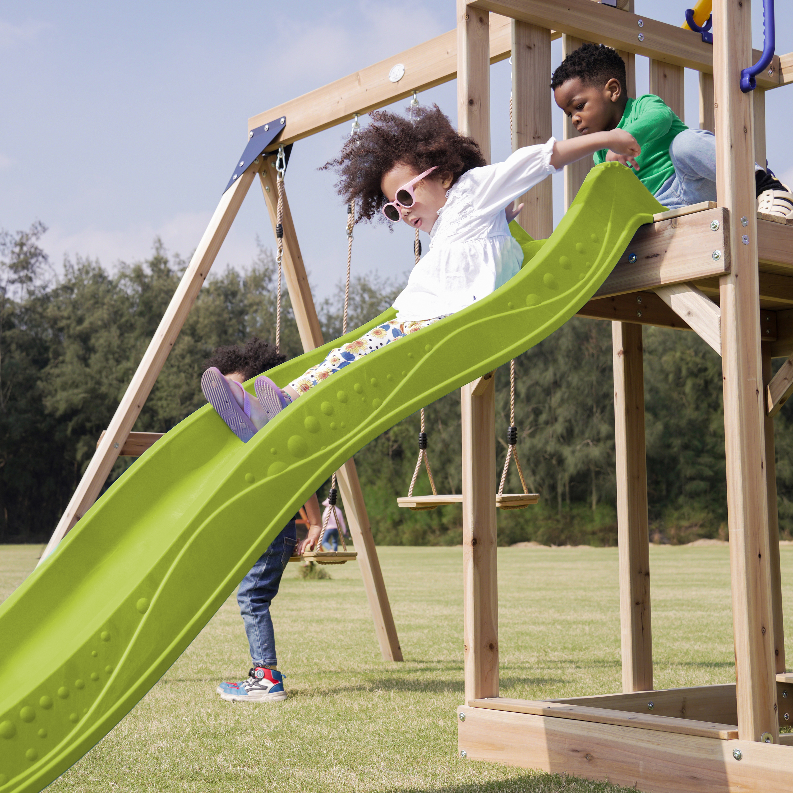 AXI Moos Climbing Frame with Double Swing Set - Lime Green Slide