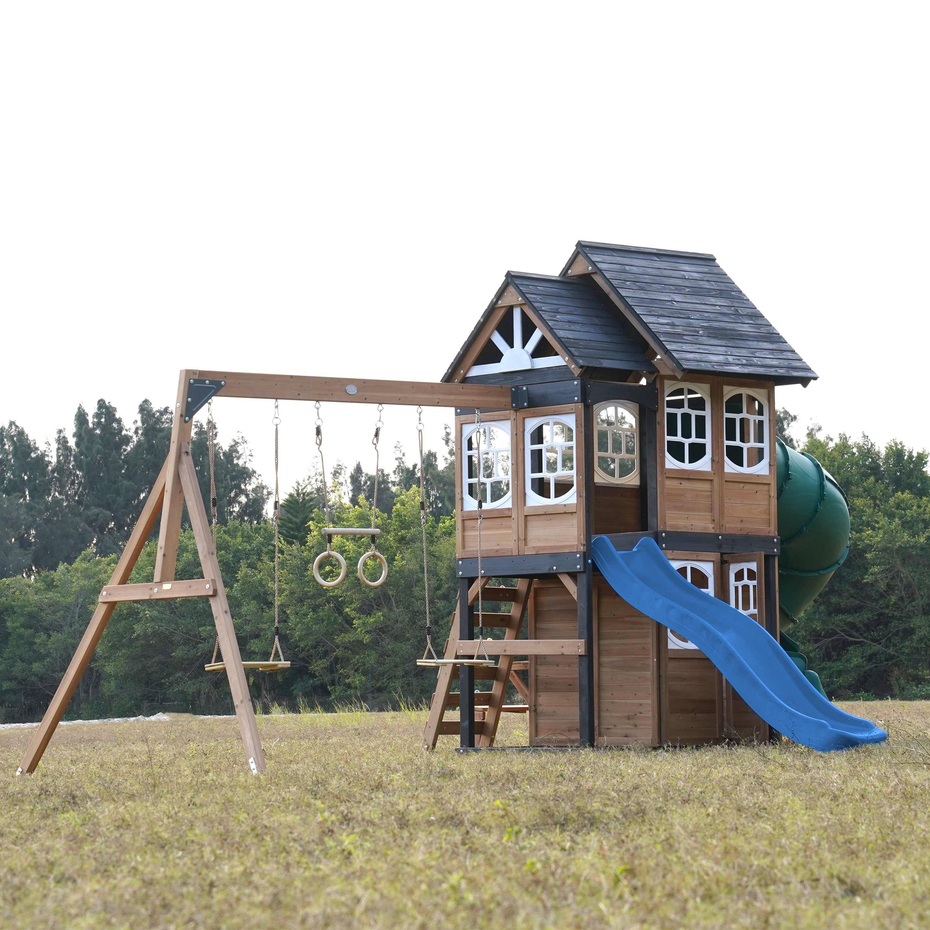 AXI Noud Climbing Frame with Playhouse, Swings, Trapeze and Climbing Wall – Blue Slide and Tube Slide