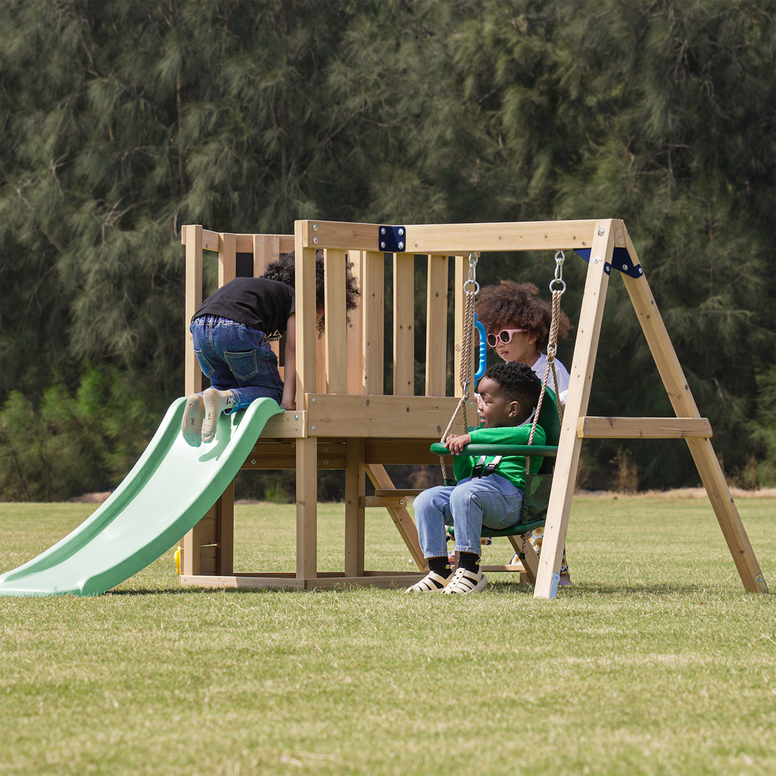 AXI Timo Mini Climbing Frame with Baby Swing, Climbing Wall and Chalkboard – Pastel Green Slide