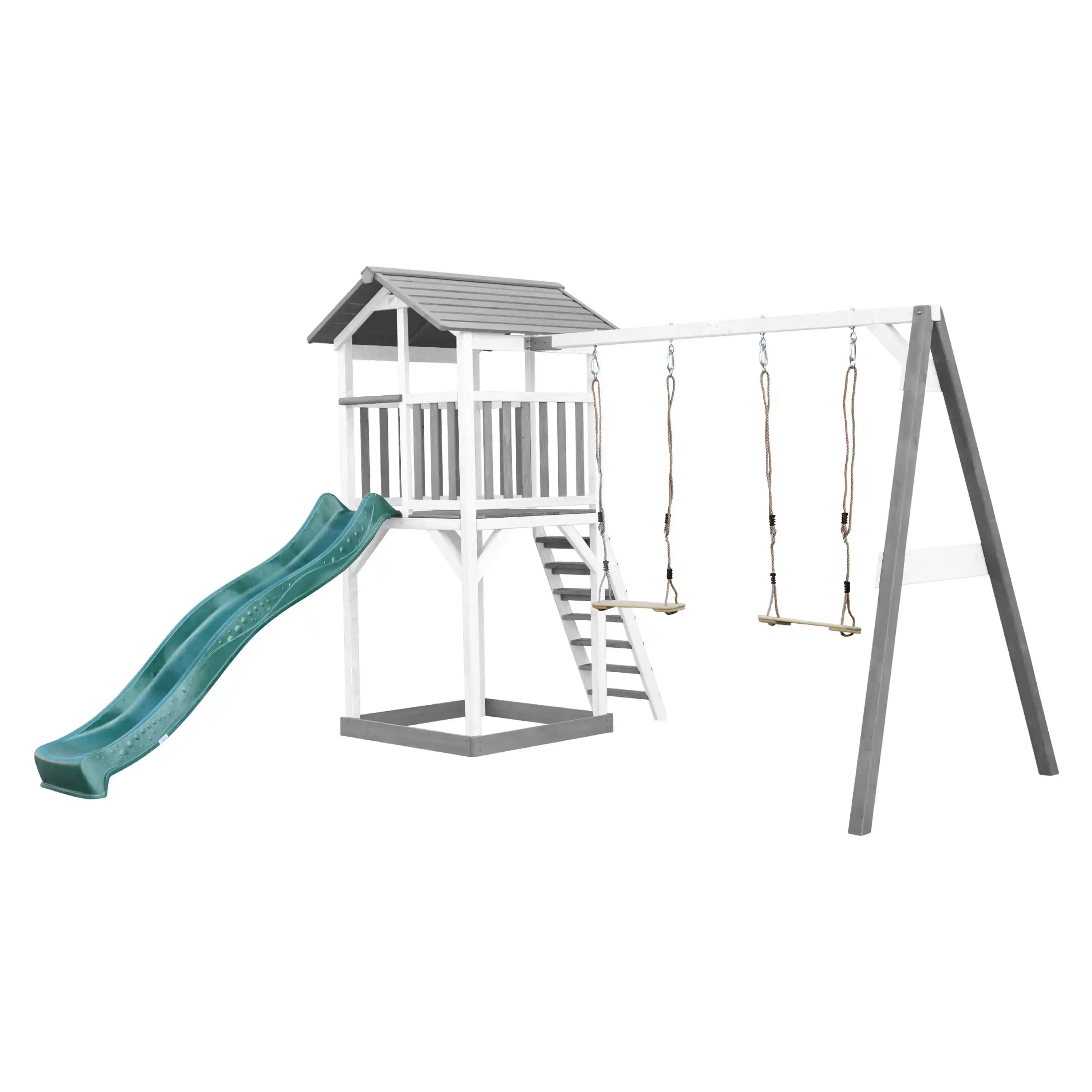 AXI Beach Tower Speeltoren met Dubbele Schommel Grijs/wit - Groene Glijbaan
