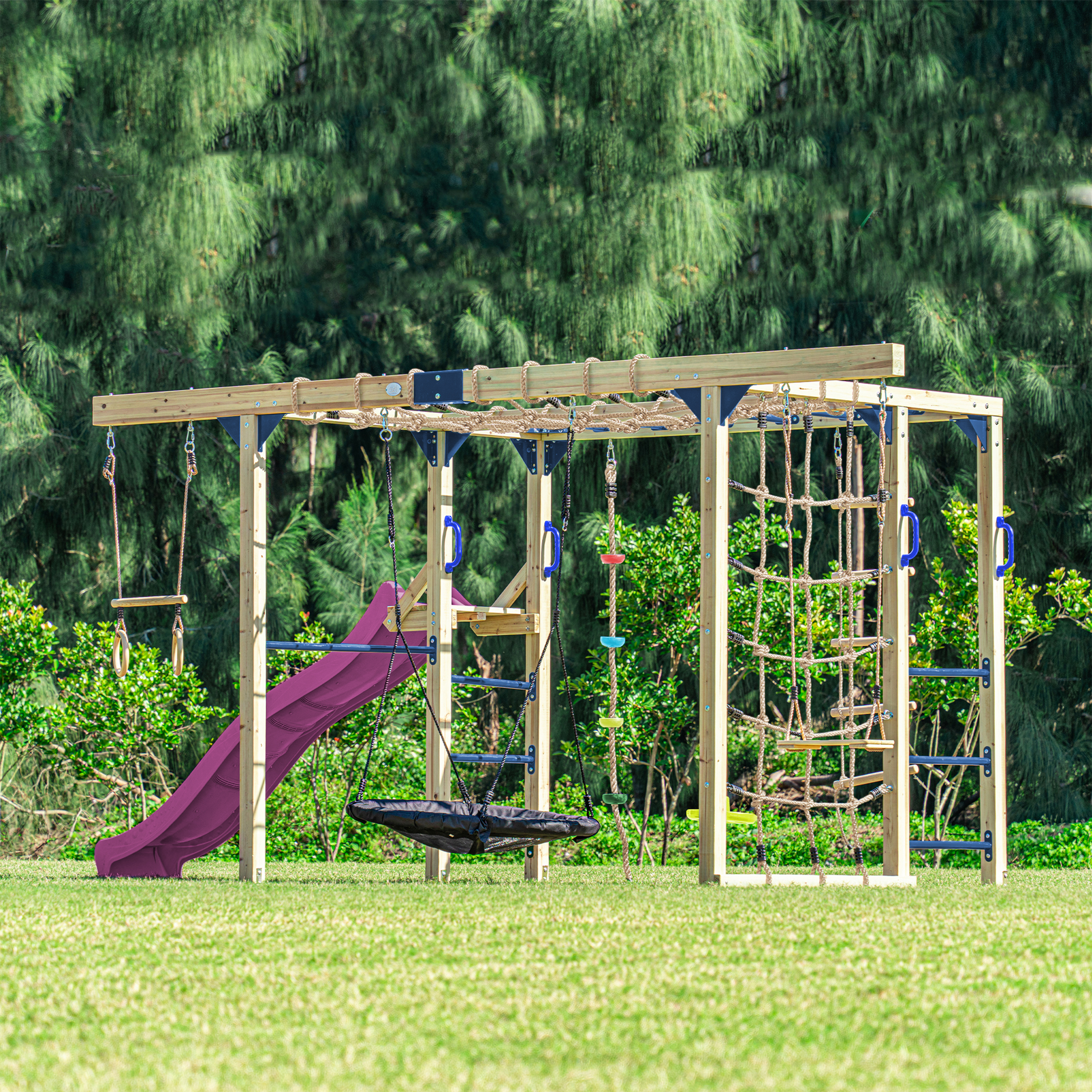 AXI Boris Wooden Playcentre with Swings. Trapeze. Climbing Nets and Monkey Bars – Purple Slide-8720365066665 AXI Boris Wooden Playcentre with Swings. Trapeze. Climbing Nets and Monkey Bars – Purple Slide