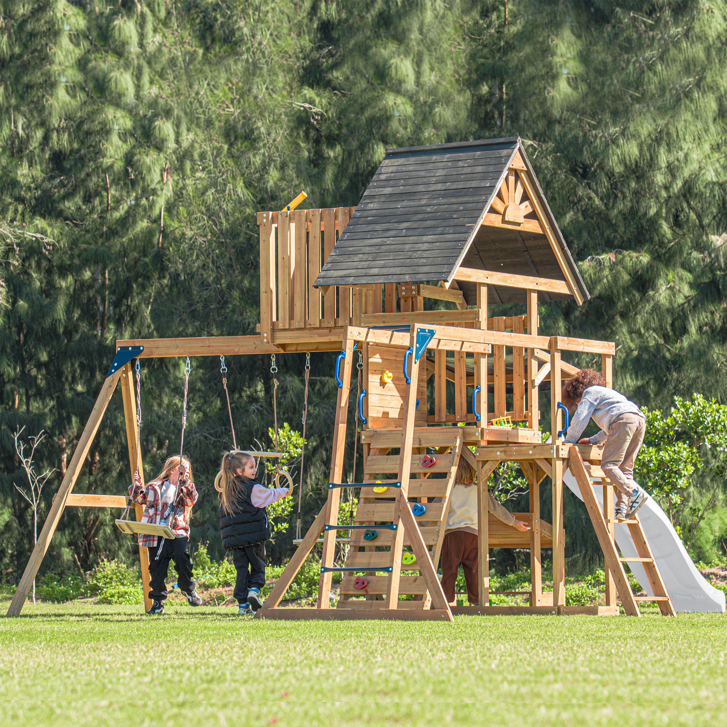 AXI Mitch Climbing Frame with Double Swing. Trapeze and Lookout Tower – White Slide