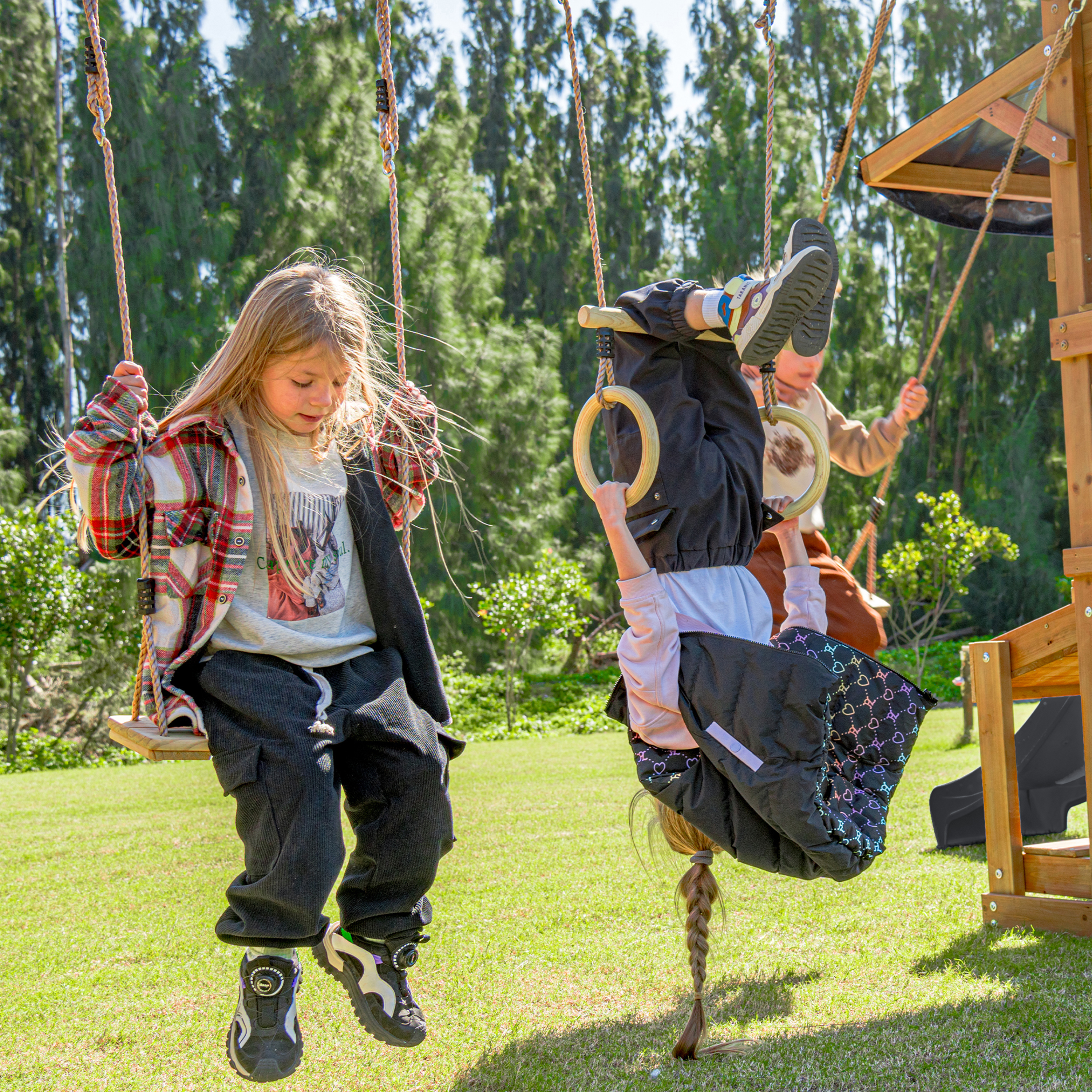 AXI Mitch Climbing Frame with Double Swing. Trapeze and Lookout Tower – Grey Slide