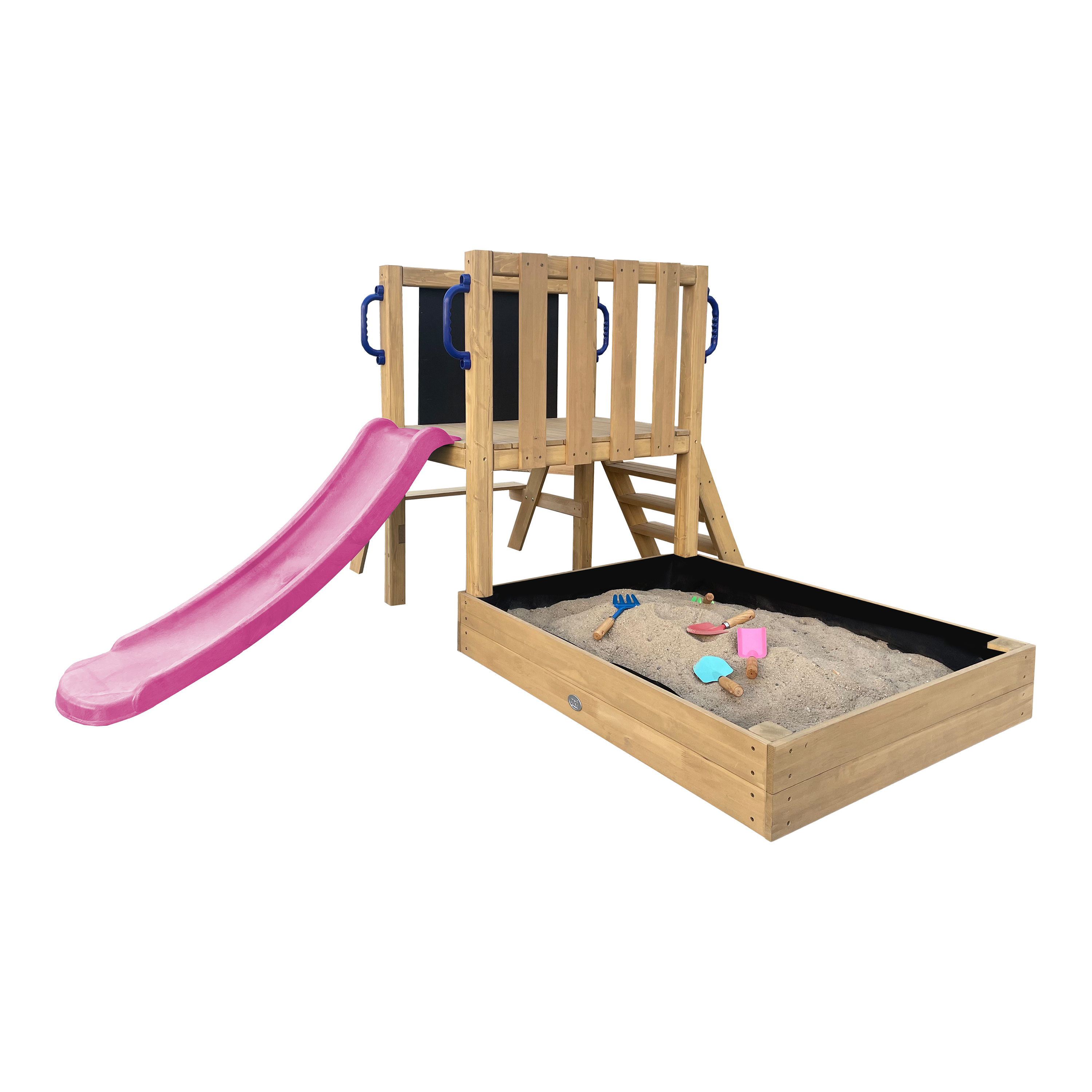 AXI Leah Mini Wooden Playtower with Sandbox, Picnic Table & Chalkboard – Purple Slide
