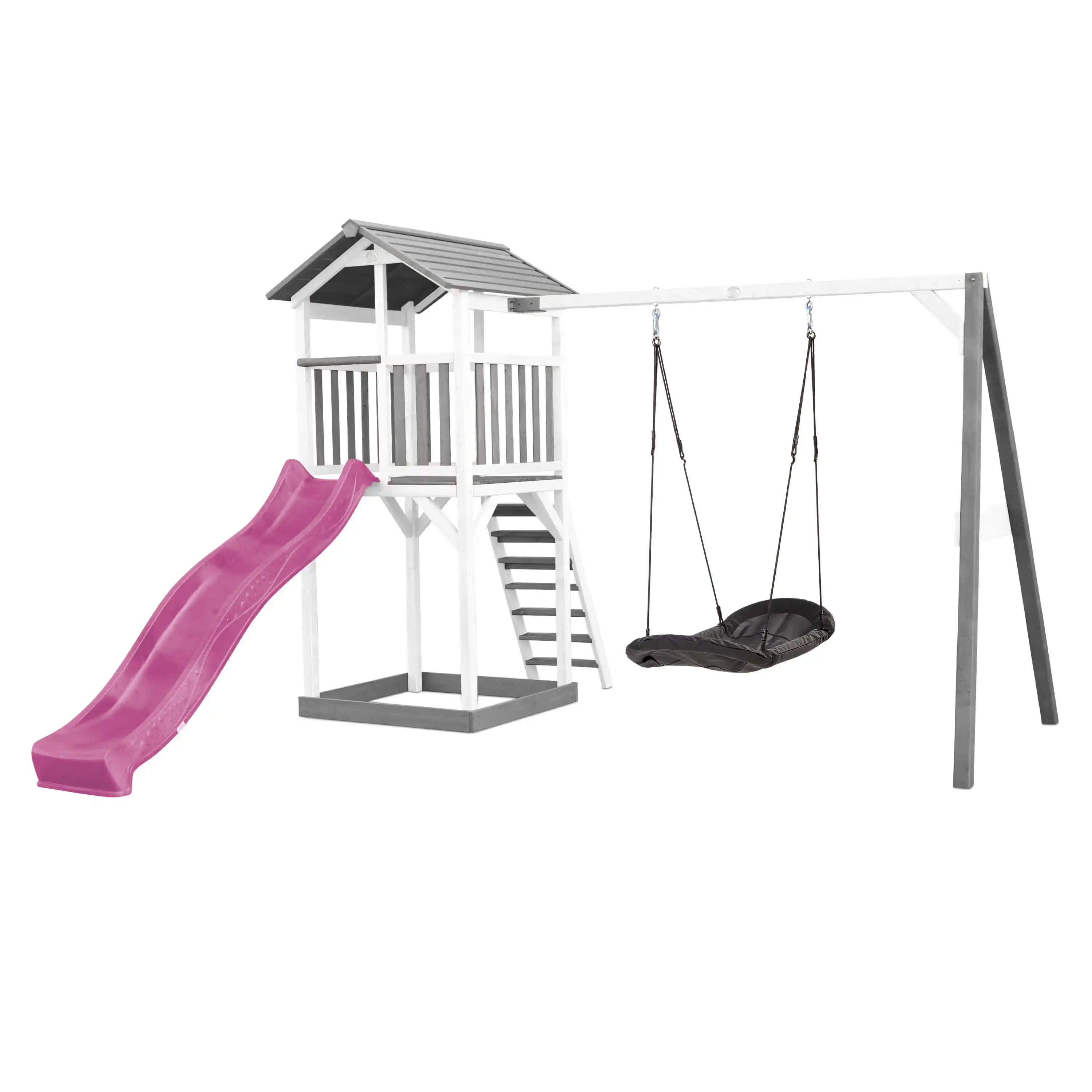 AXI Beach Tower Speeltoren met Roxy Nestschommel Grijs/wit - Paarse glijbaan