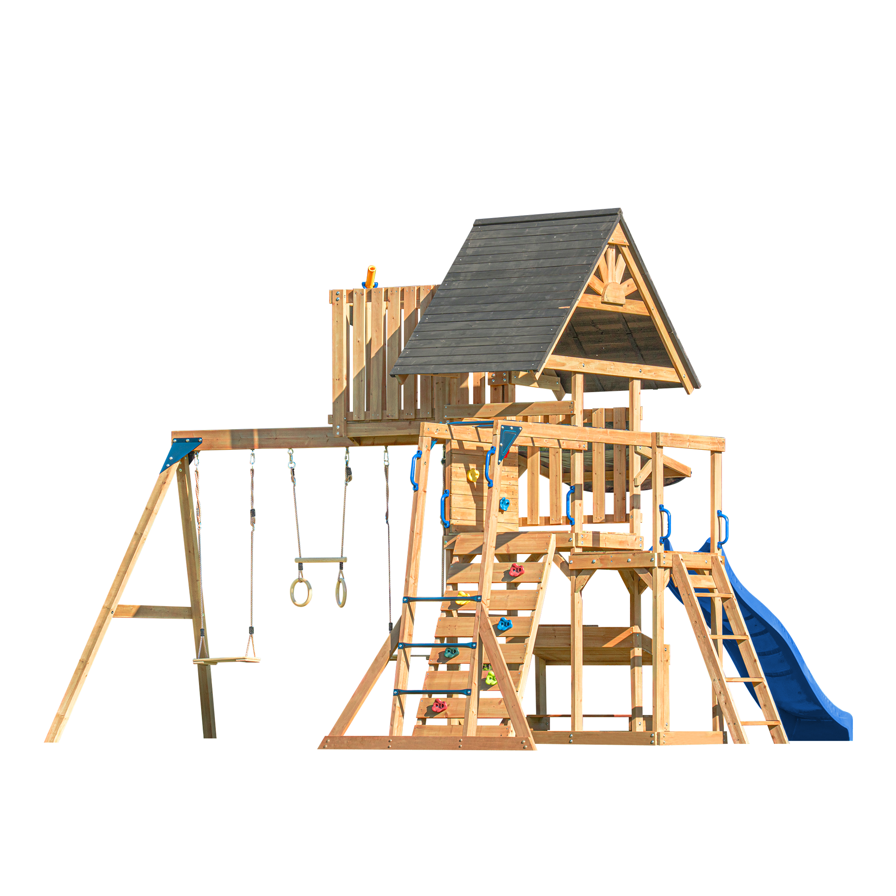 AXI Mitch Climbing Frame with Double Swing. Trapeze and Lookout Tower – Blue Slide
