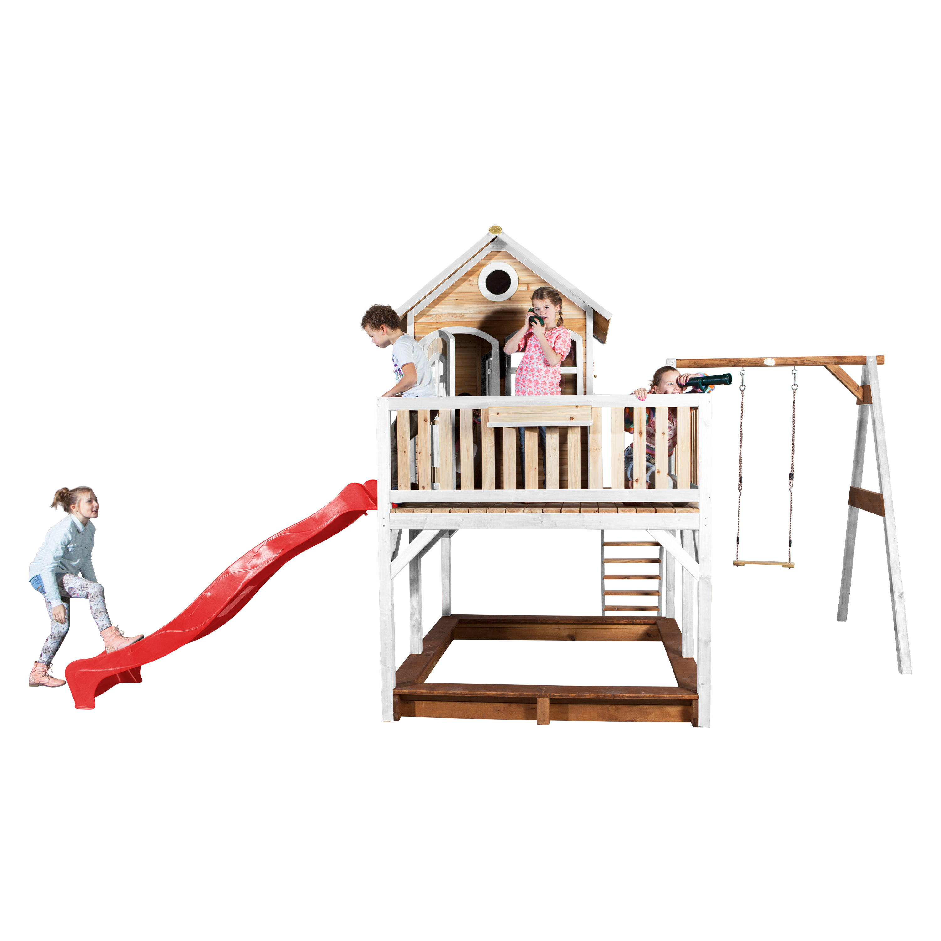 AXI Liam Playhouse with Single Swing Set Brown/White - Red Slide