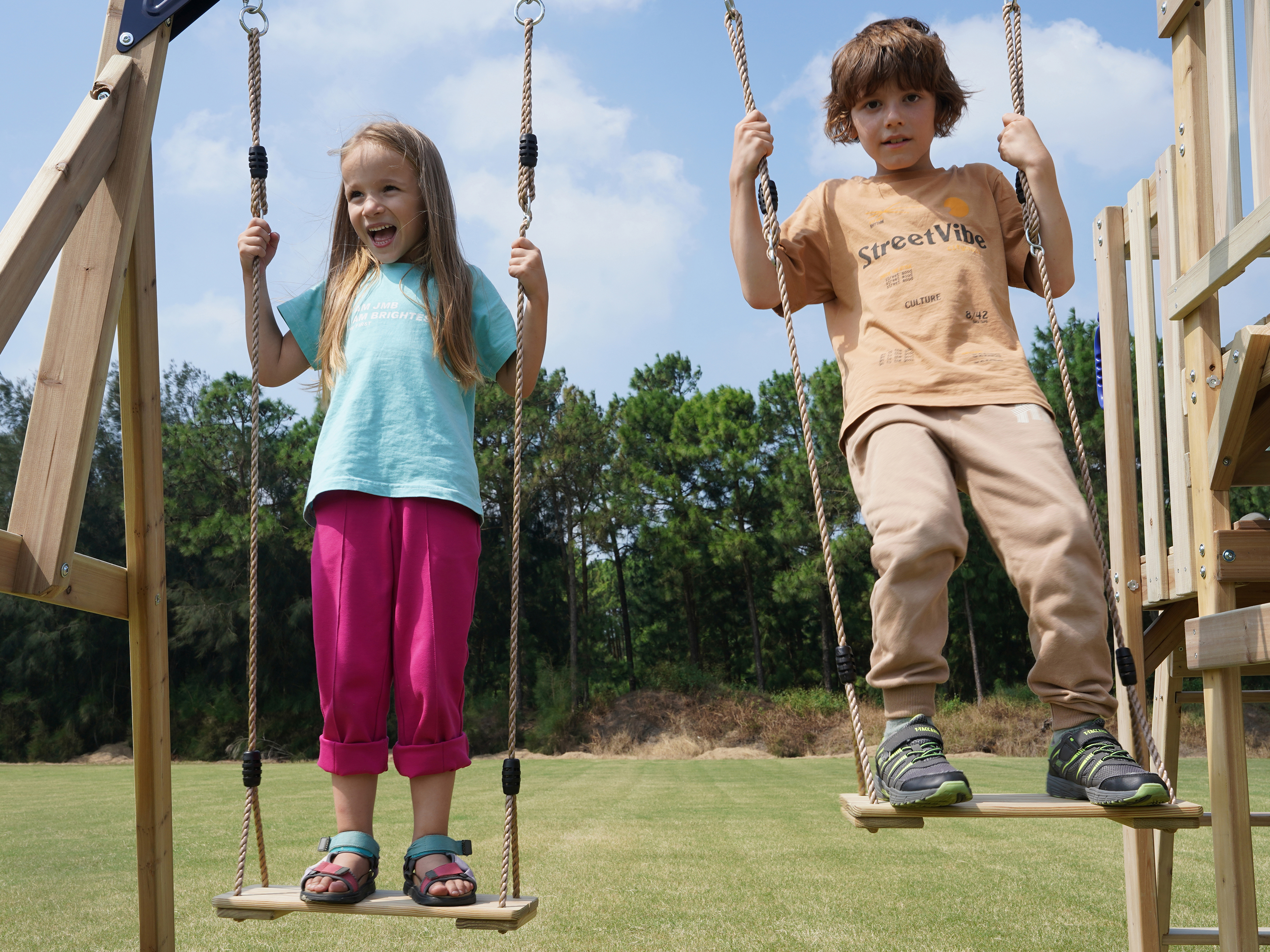 AXI Mette Climbing Frame with Double Swing Set and Picnic Table - Cream Slide
