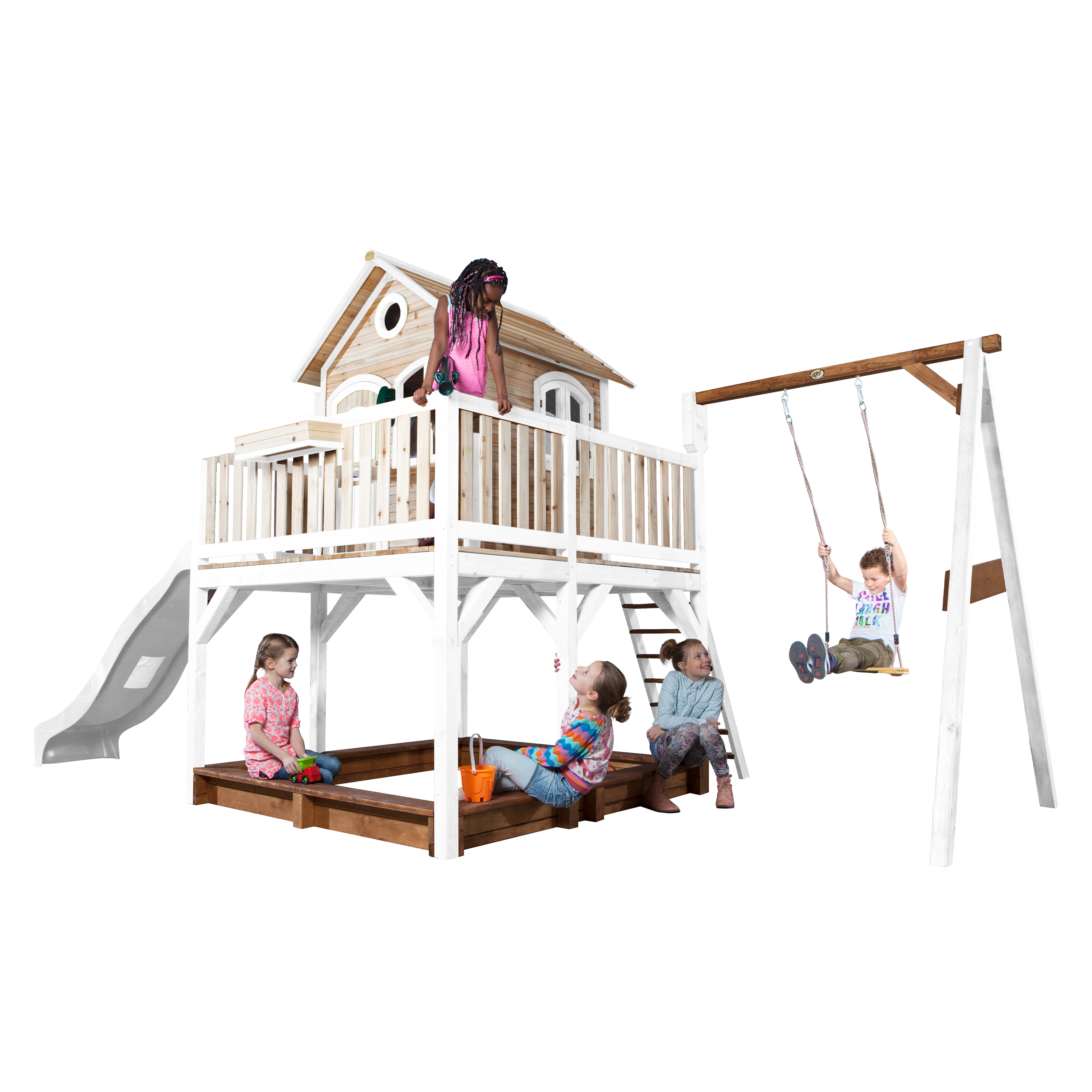 AXI Liam Playhouse with Single Swing Set Brown/White - White Slide