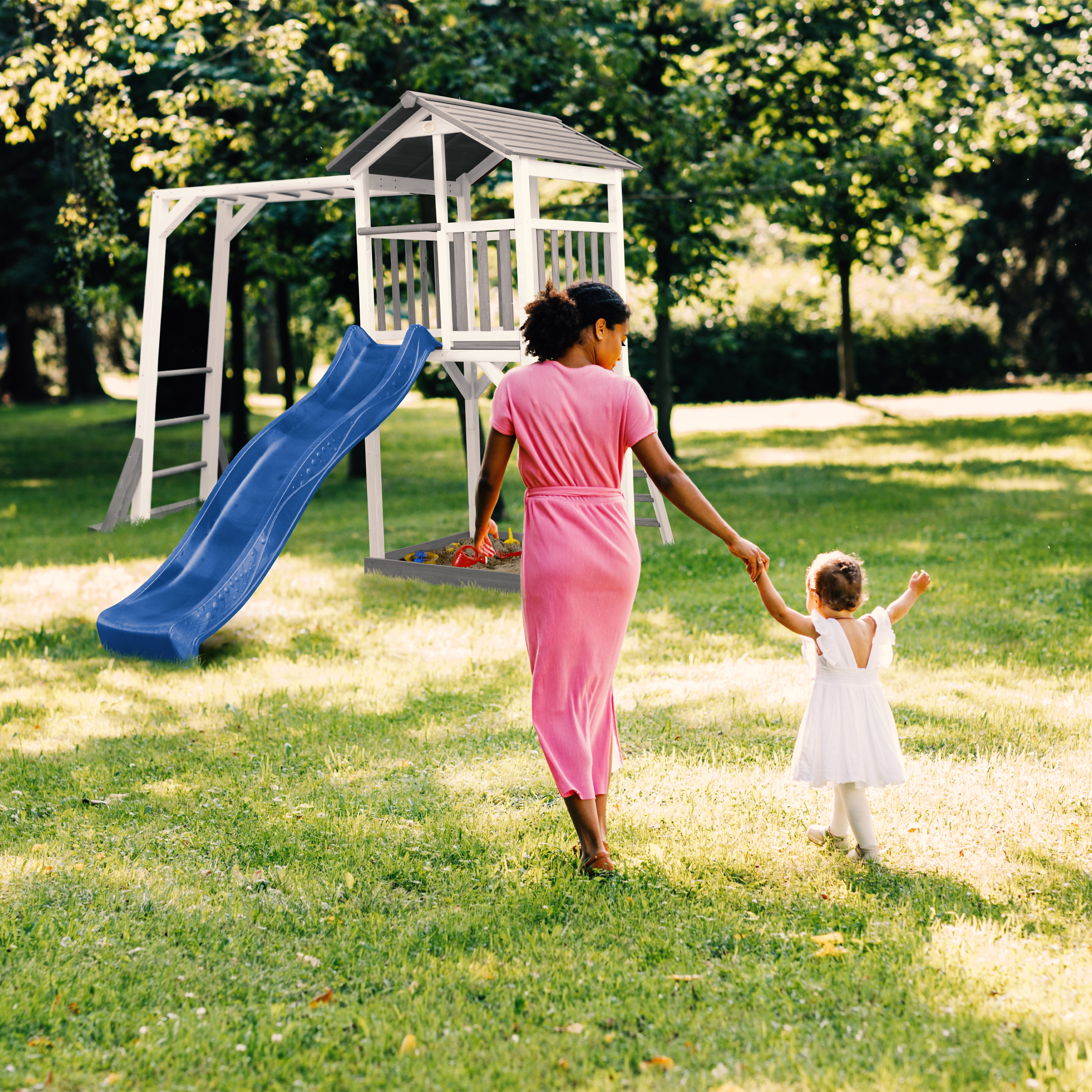 AXI Beach Tower with Climbing Frame Grey/White - Blue Slide