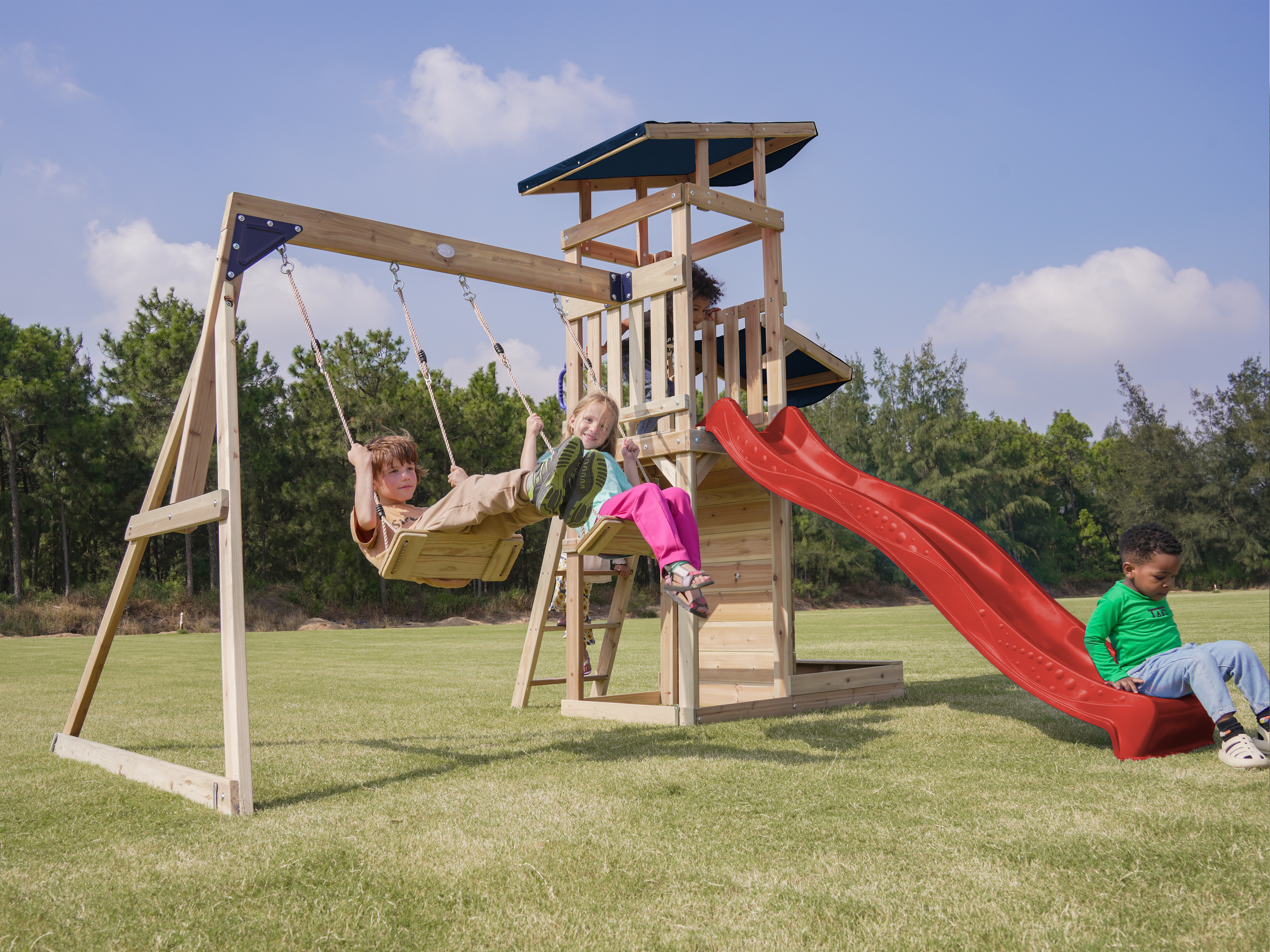 AXI Malik Climbing Frame with Double Swing Set - Red Slide