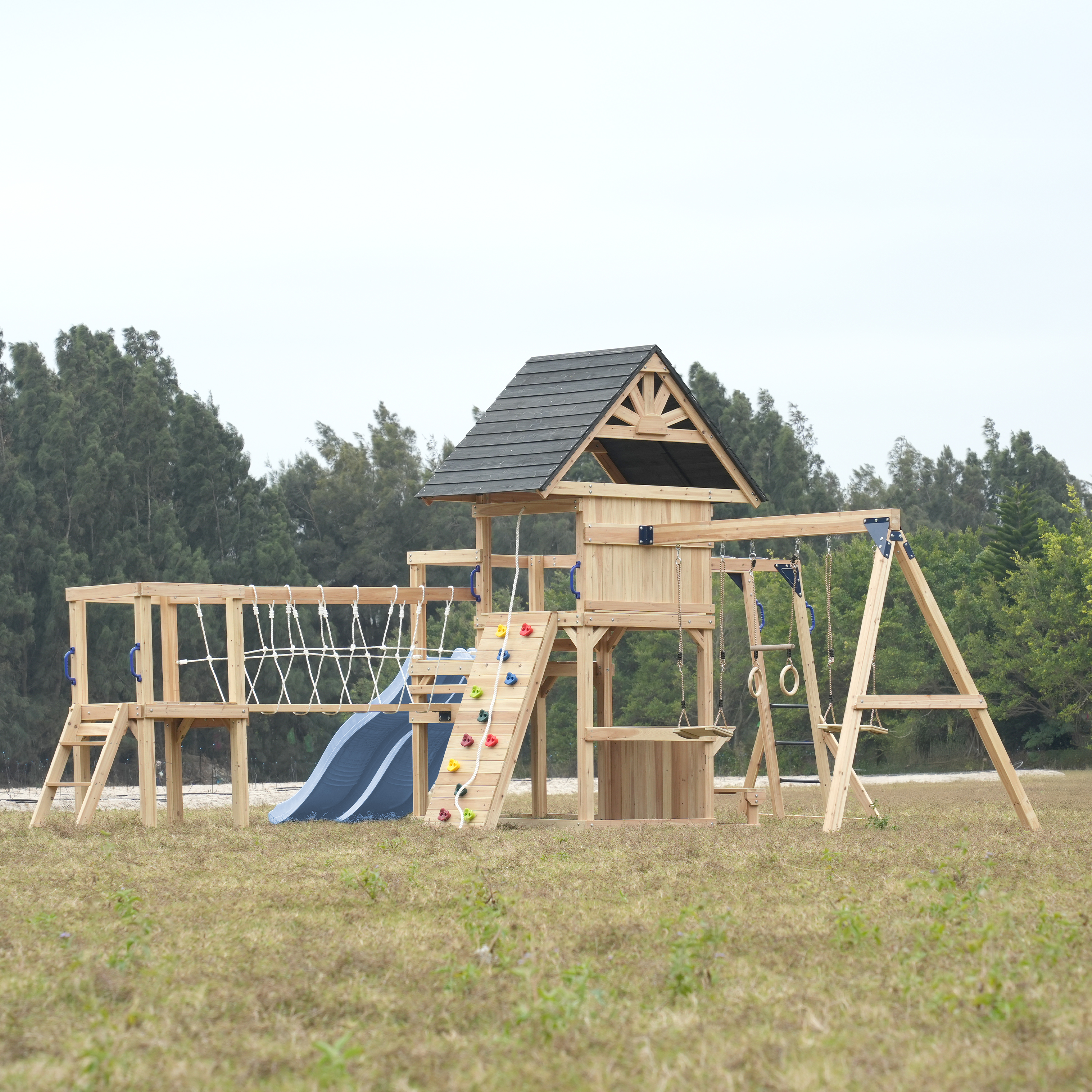 AXI Hunter Climbing Frame with Swings, Climbing Frame, Climbing Bridge and Multiple Platforms – Pastel Blue Double Slide