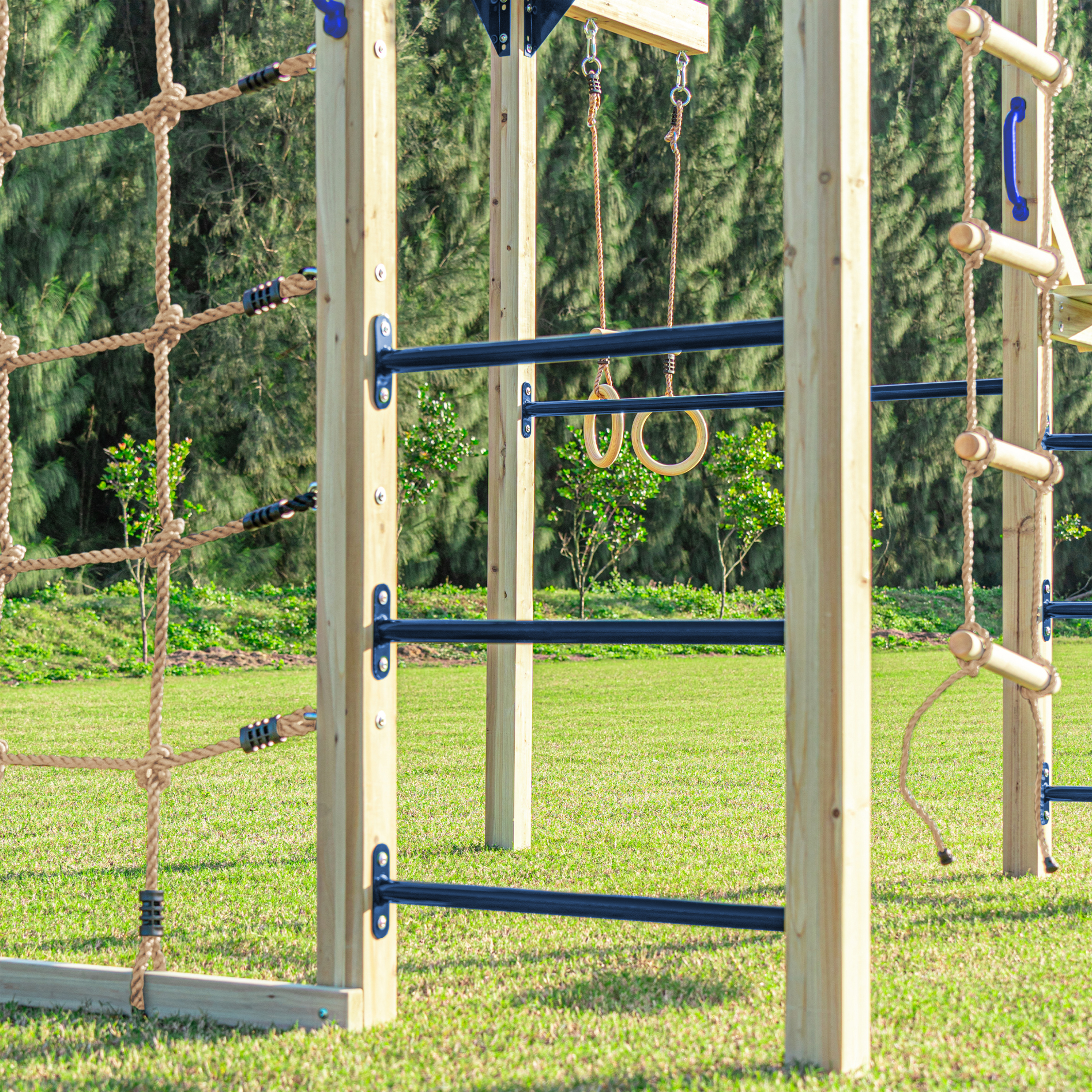 AXI Boris Wooden Playcentre with Swings. Trapeze. Climbing Nets and Monkey Bars – Blue Slide-8720365066658 AXI Boris Wooden Playcentre with Swings. Trapeze. Climbing Nets and Monkey Bars – Blue Slide