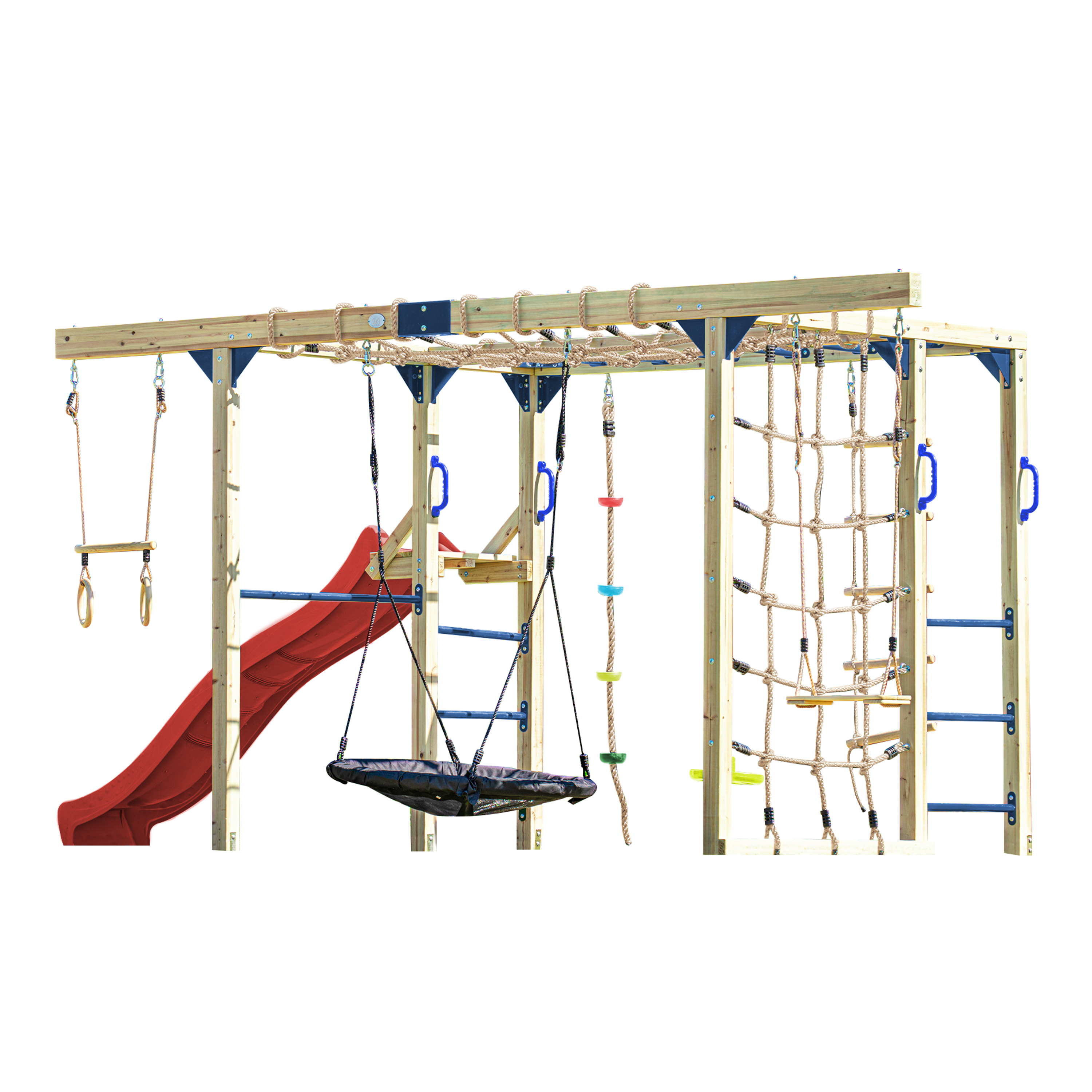 AXI Boris Wooden Playcentre with Swings. Trapeze. Climbing Nets and Monkey Bars – Red Slide
