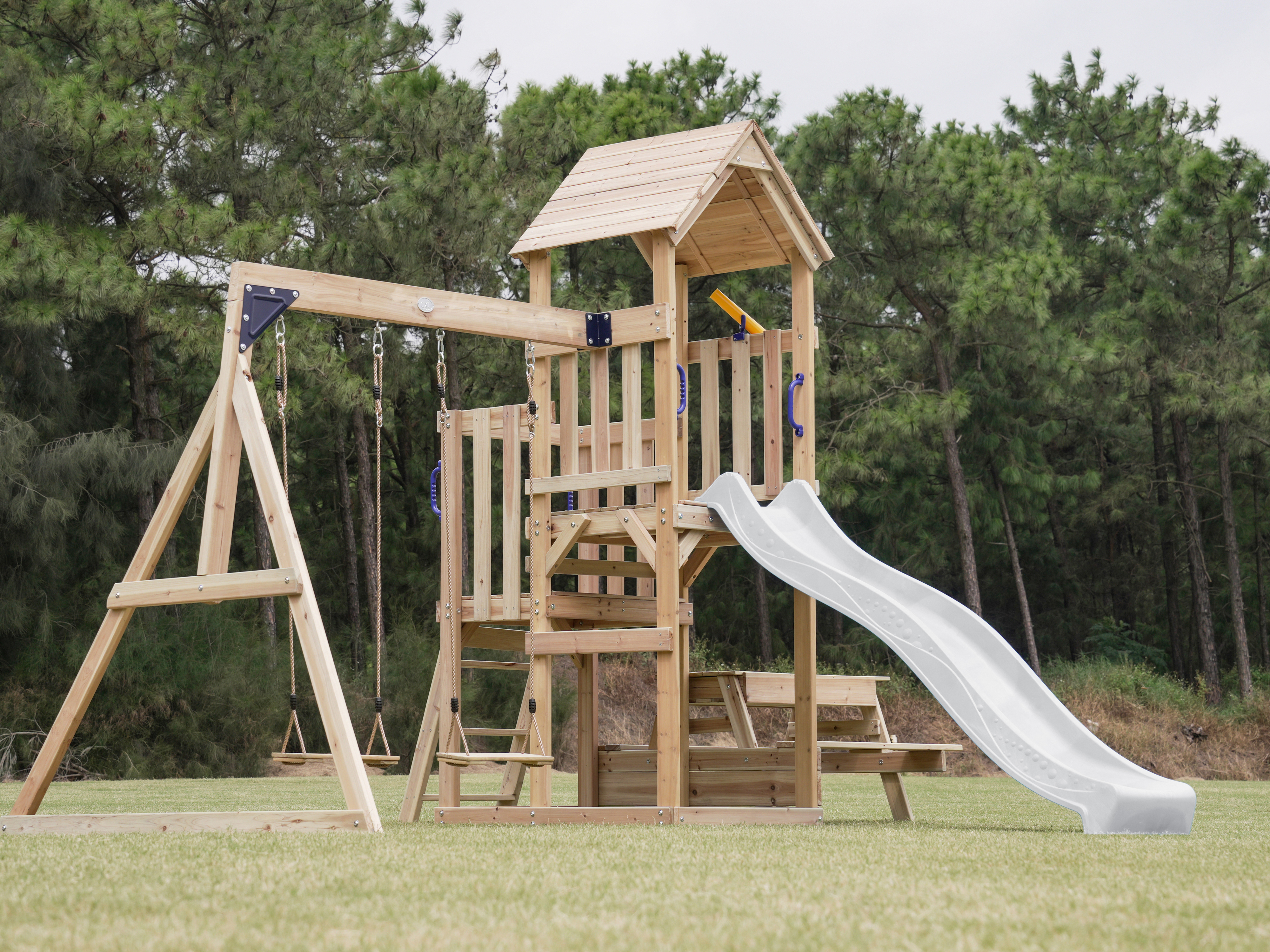 AXI Mette Climbing Frame with Double Swing Set and Picnic Table - White Slide