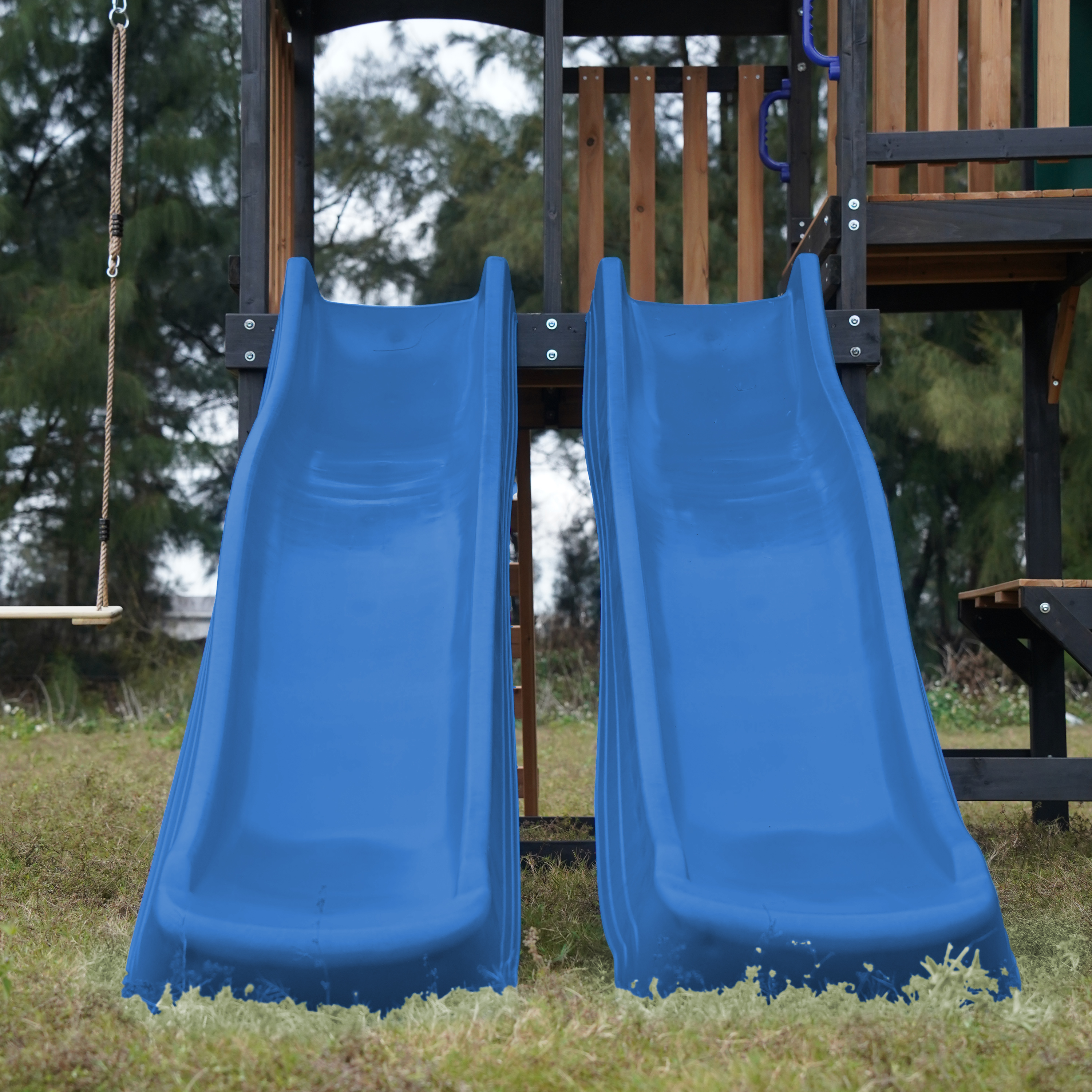 AXI Cody Climbing Frame with Swings. Trapeze and Climbing Wall – Blue Double Slide and Tube Slide