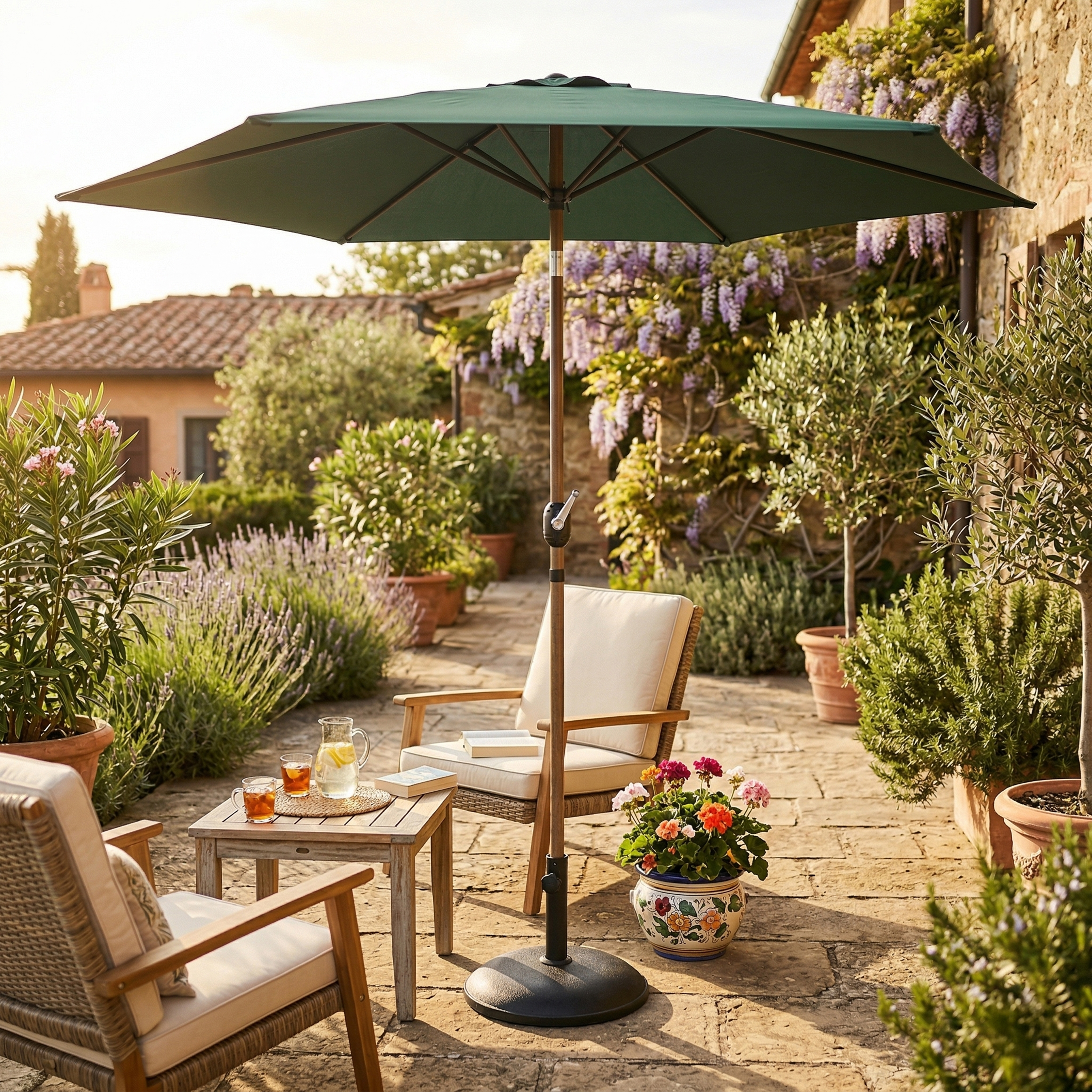 AXI Noor Centre Pole Parasol Ø 300cm incl. parasol base Oak-look/Green