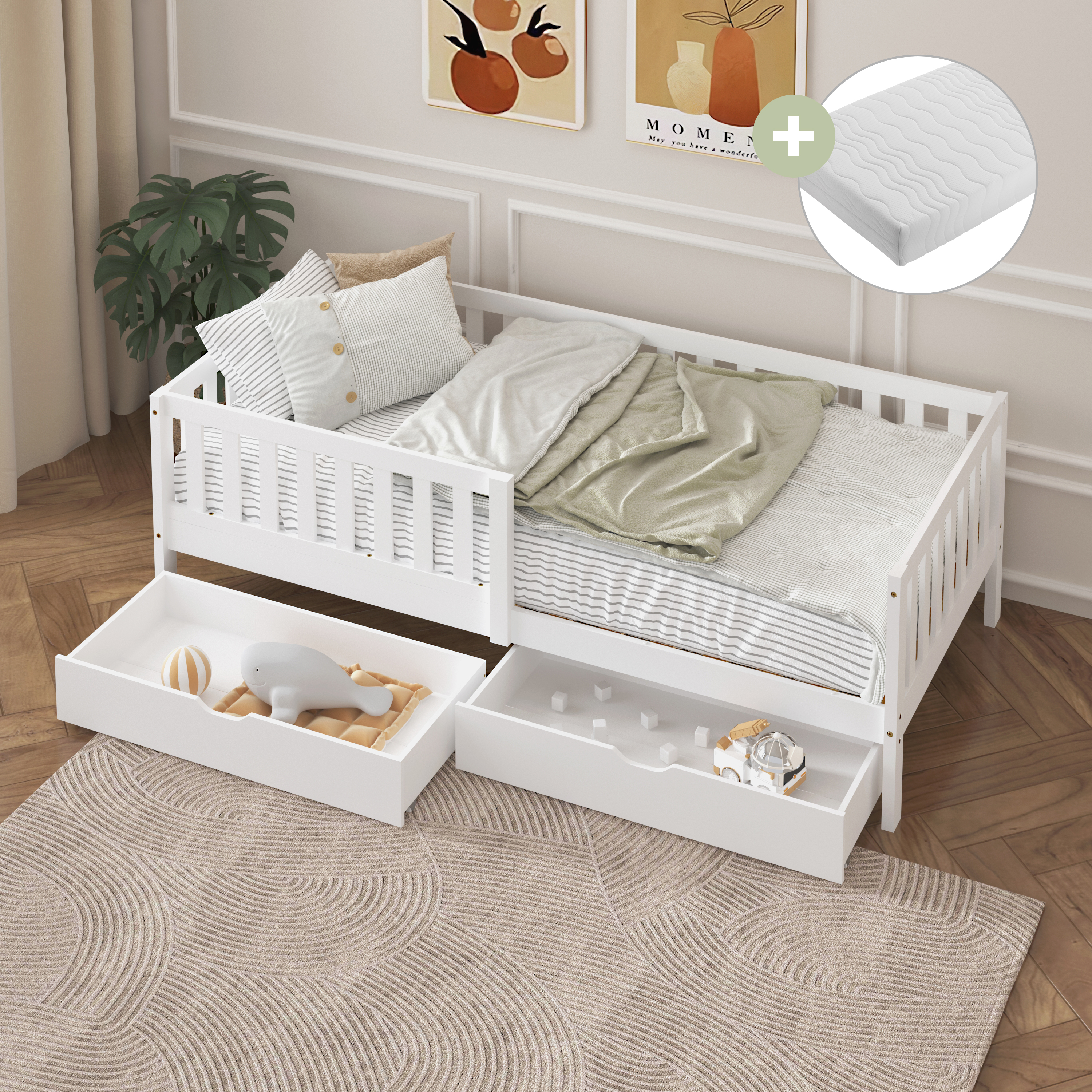 Sunny Isa Kids Bed with 2 Storage Drawers and Guardrail White – With Mattress