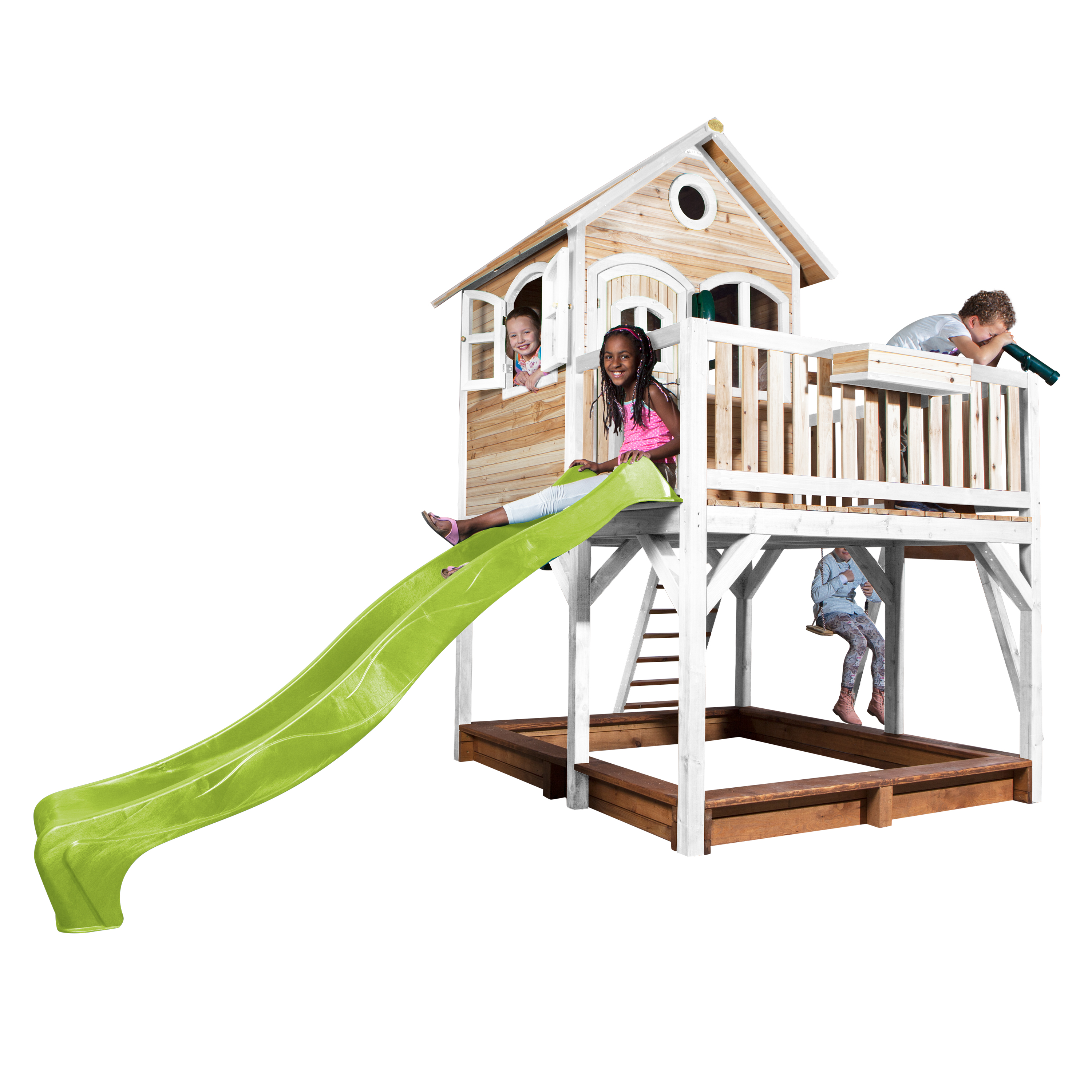 AXI Liam Playhouse with Single Swing Set Brown/White - Lime Green Slide